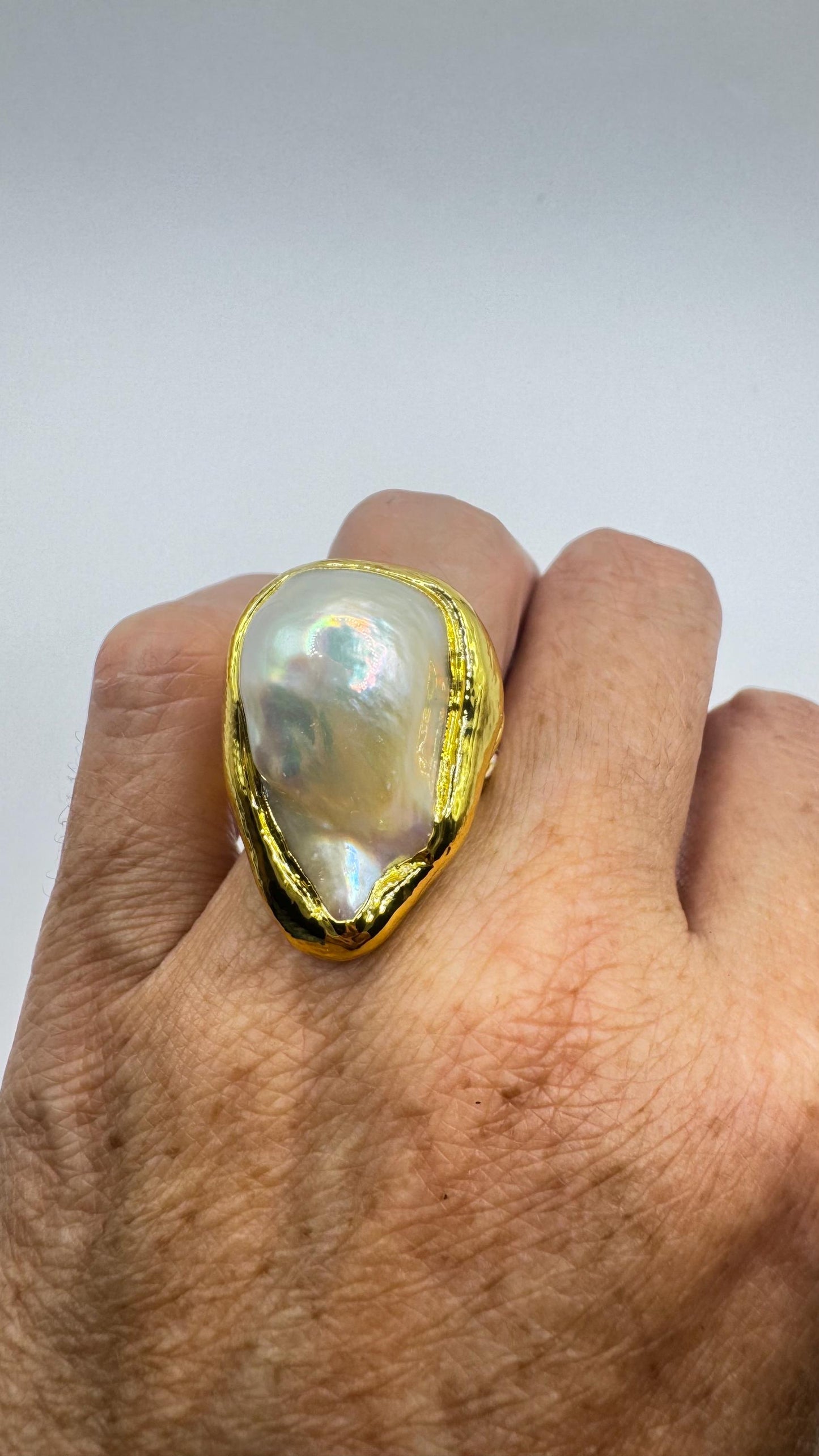 Vintage Biwa Pearl Ring Golden 925 Sterling Silver Cocktail Statement Adjustable