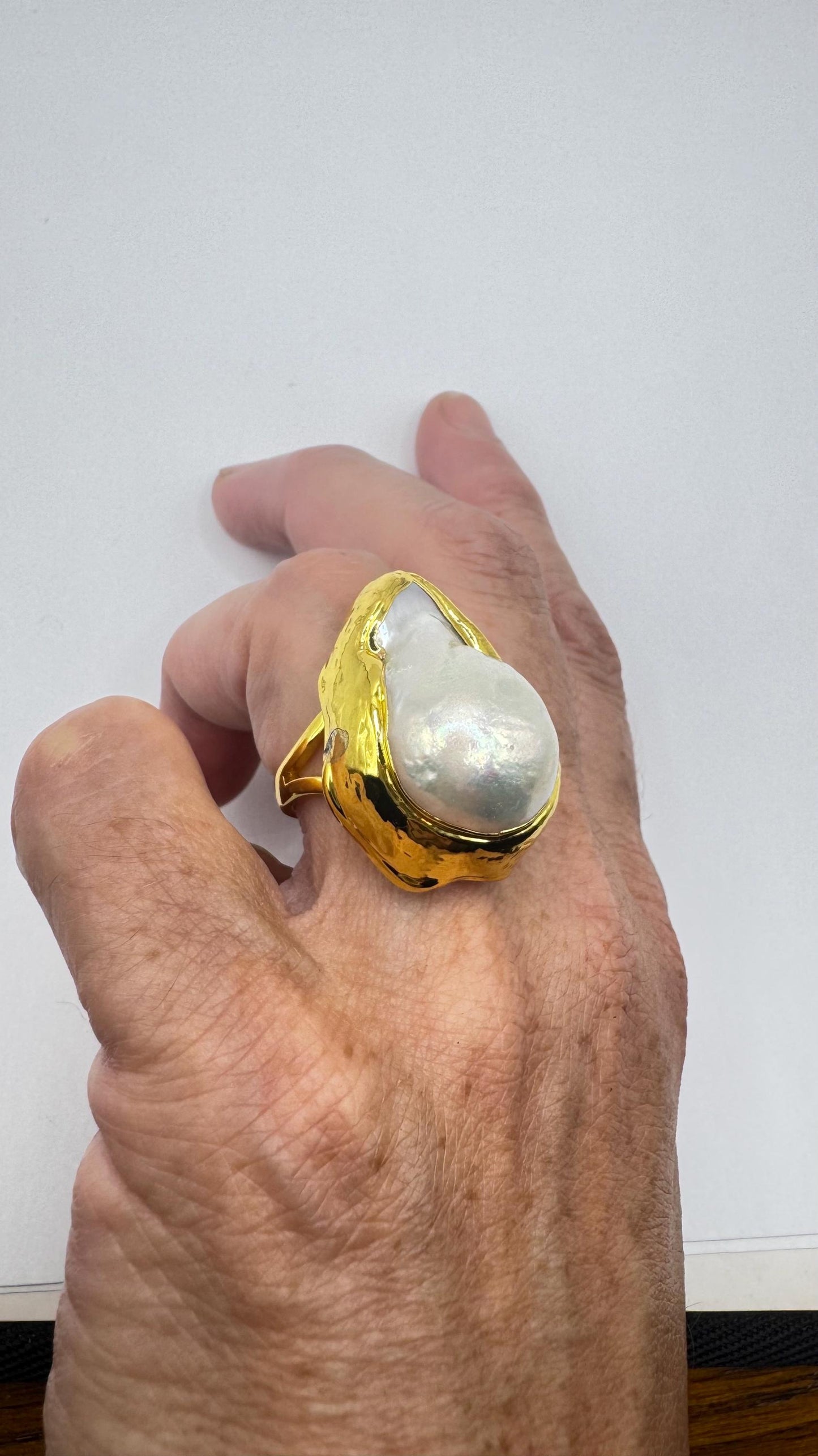 Vintage Biwa Pearl Ring Golden 925 Sterling Silver Cocktail Statement Adjustable