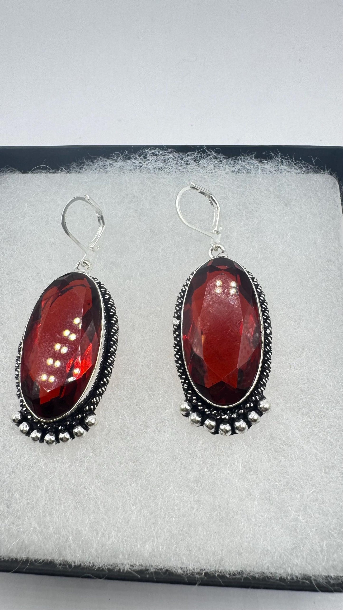 Vintage Red Ruby Glass Earrings 925 Sterling Silver Leverback
