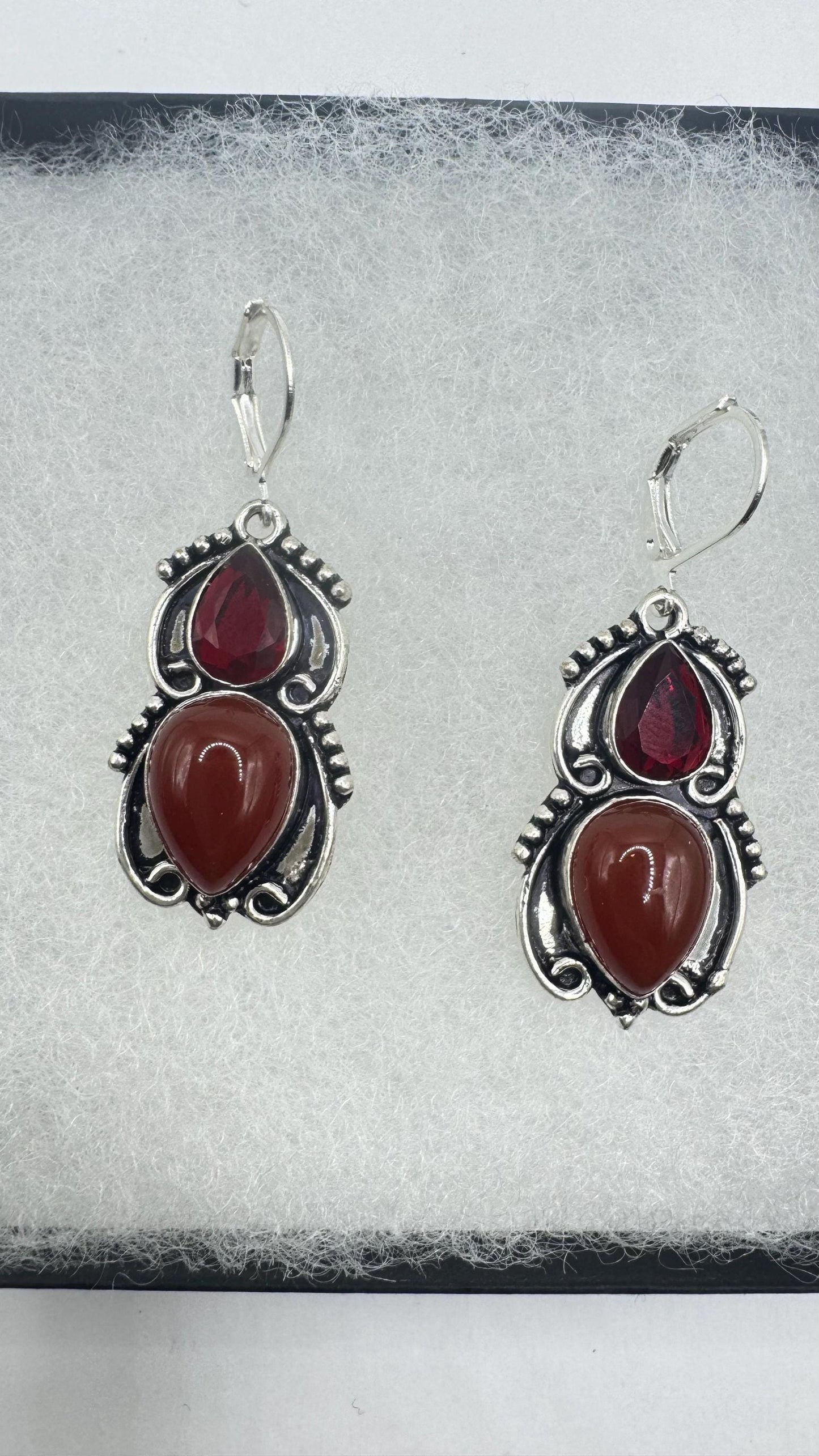 Antique vintage Red Ruby glass and Carnelian Silver dangle earrings