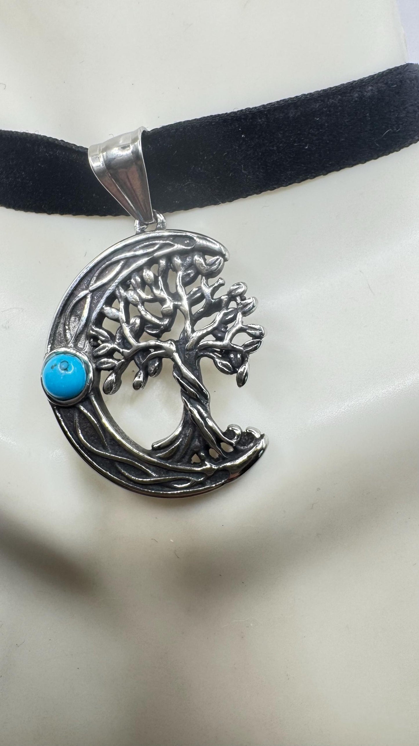 Vintage turquoise Silver Stainless Steel moon and tree of life Choker Necklace