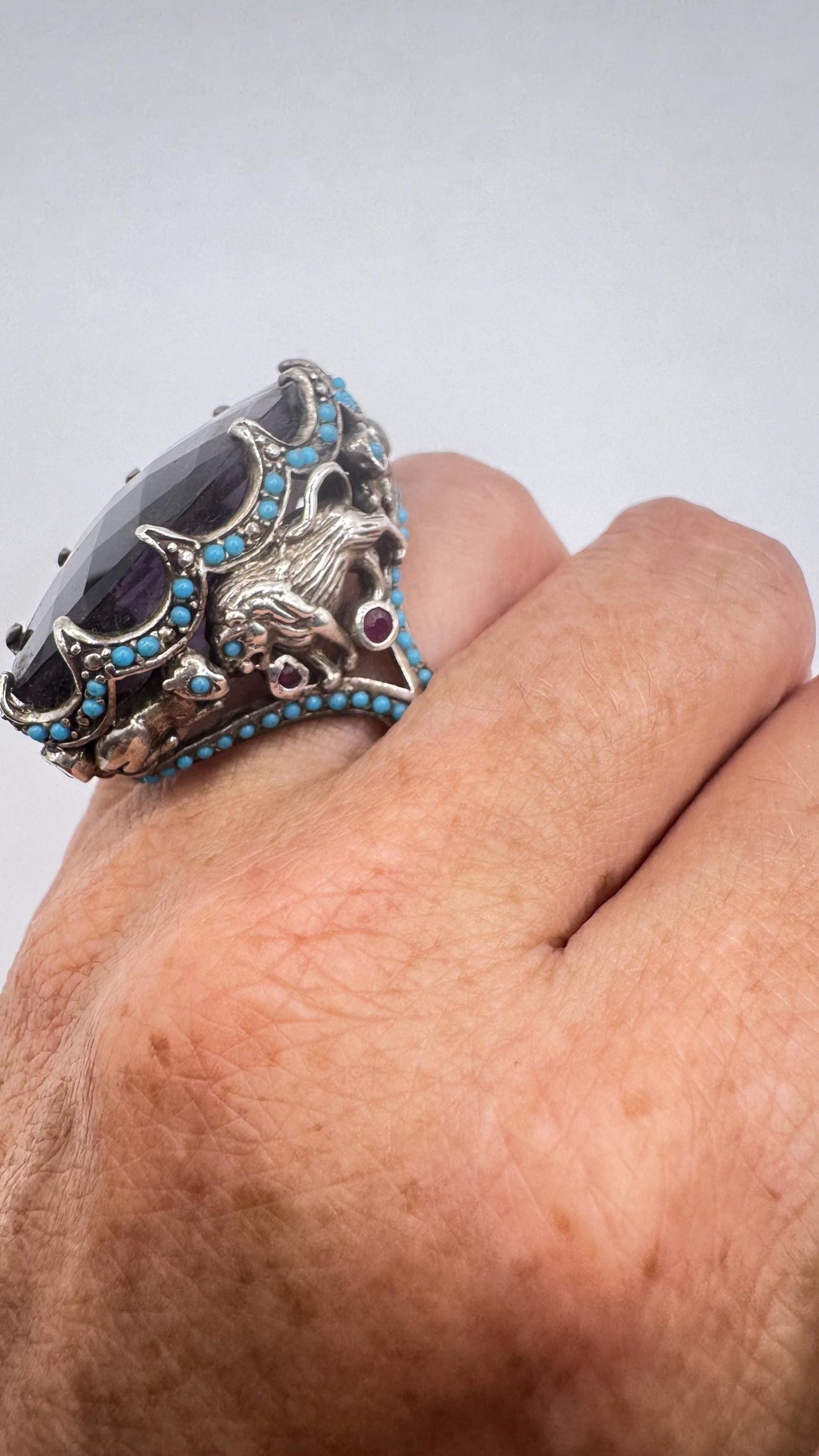 Vintage Purple Amethyst Turquoise Ruby 925 Sterling Silver Ring