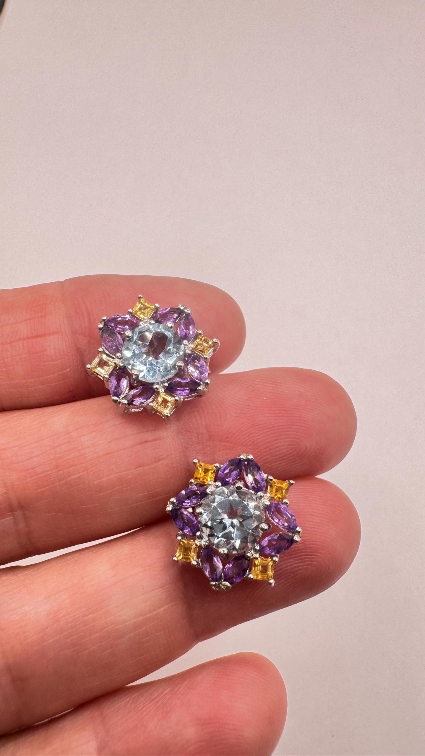 Vintage White and Blue Topaz Amethyst and Citrine Stud Earrings 925 Sterling Silver buttons