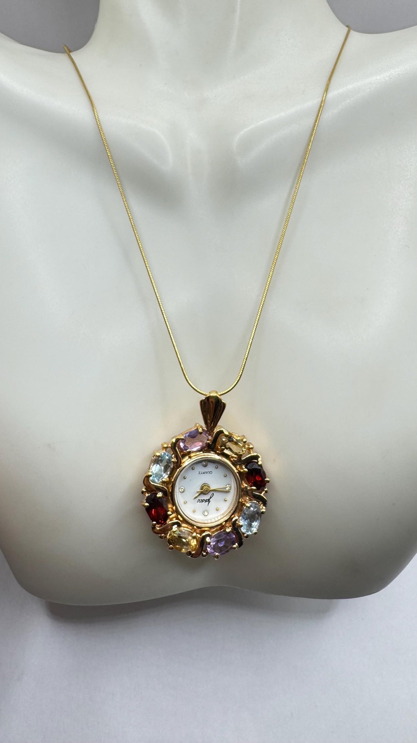 Vintage Watch Necklace Golden 925 Sterling Silver Genuine Blue Topaz Sapphire Antique Pendant