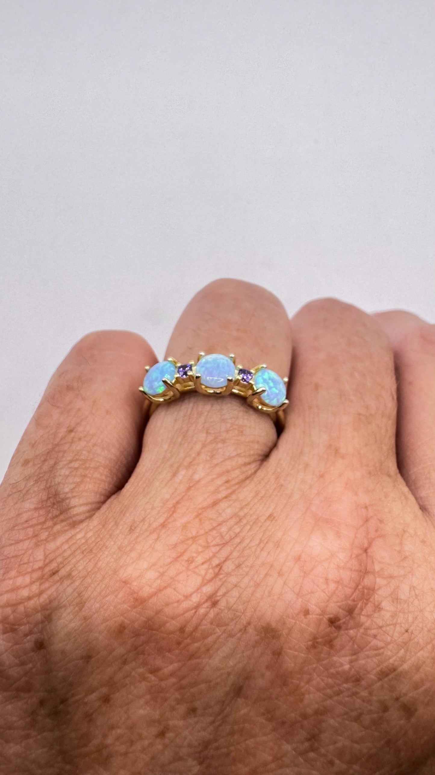 Vintage Fire Opal Blue Iolite Ring Gold 925 Sterling Silver