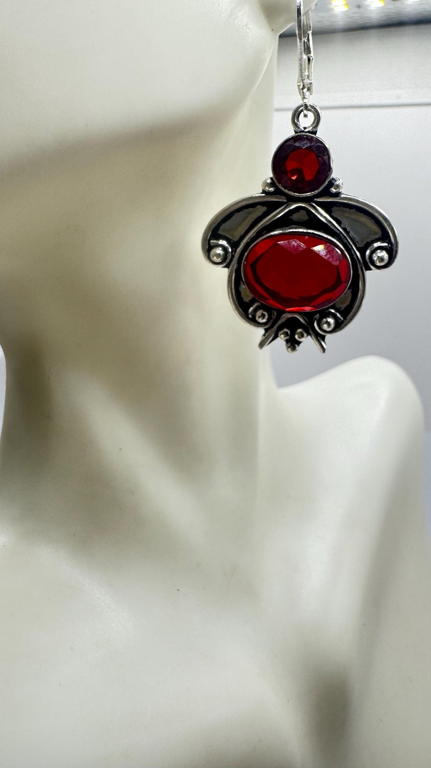Antique Vintage Red Ruby Glass Silver Dangle Earrings