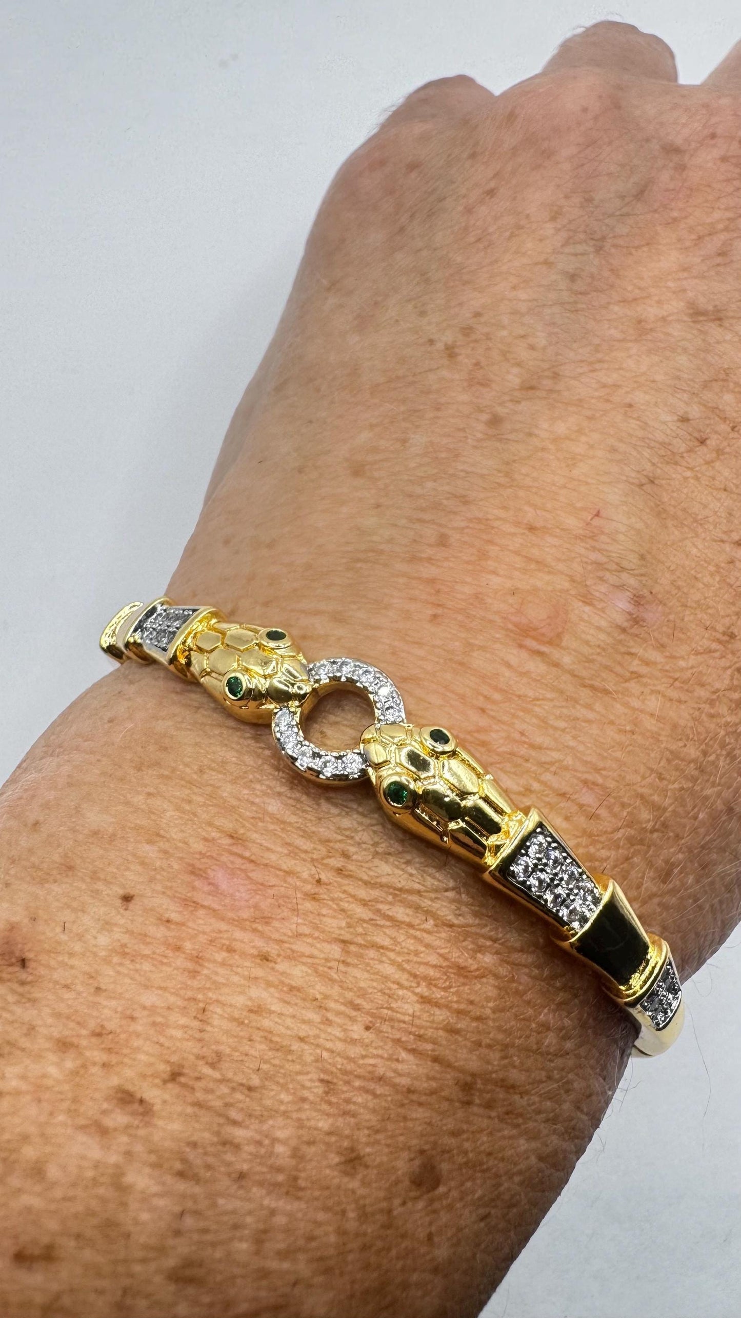 Vintage Snake Bangle Bracelet Gold filled Green Crystal Eyes