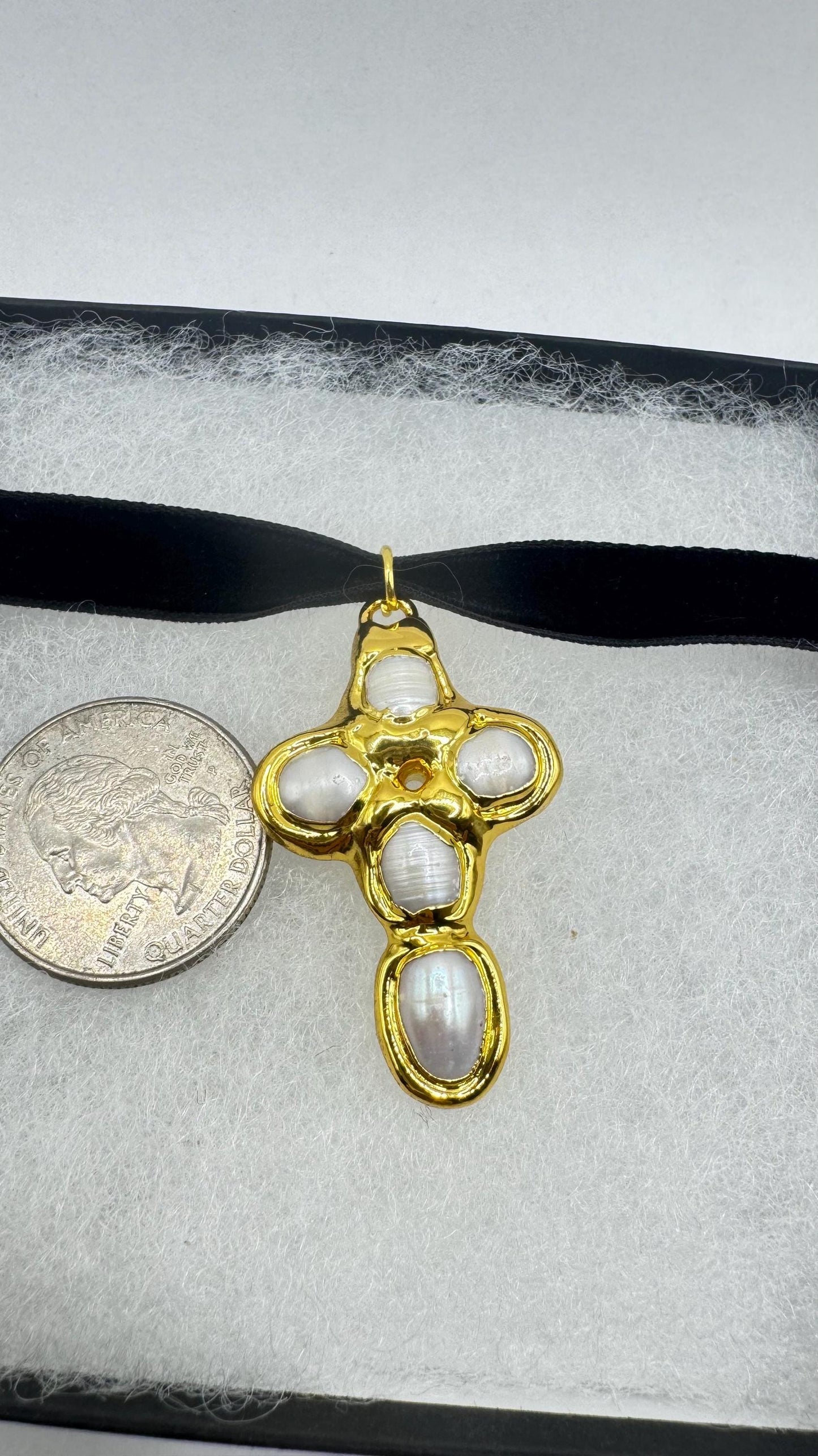 Vintage Pearl Cross Black Velvet Choker Gold Filled Pendant