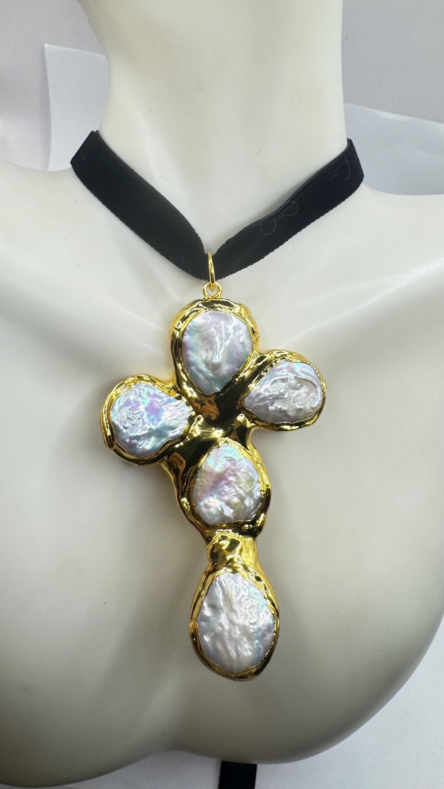 Vintage Pearl Cross Black Velvet Choker Gold Filled Pendant