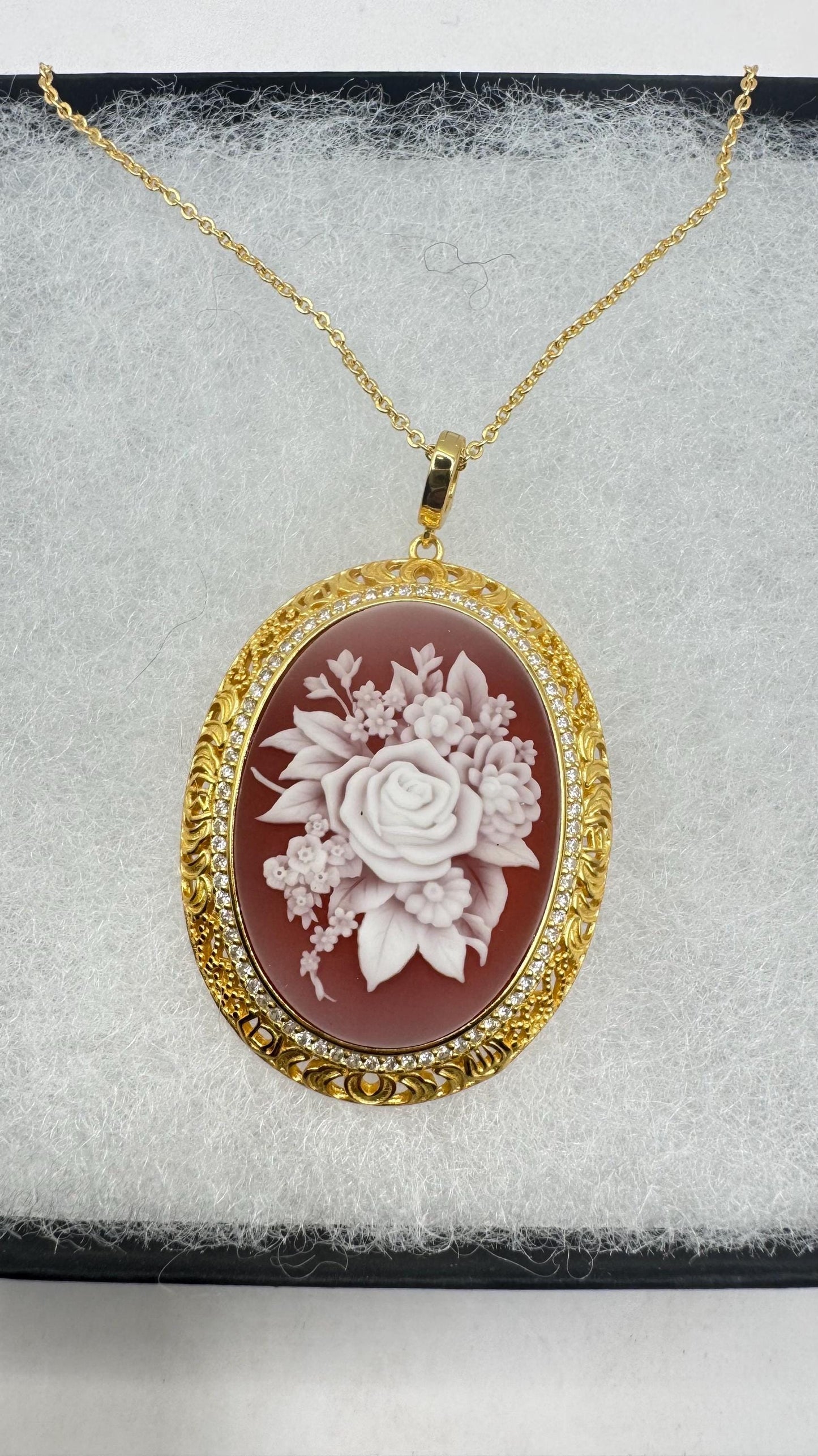 Vintage Carved Rose Flower Cameo Yellow Gold 925 Sterling Silver Necklace Choker