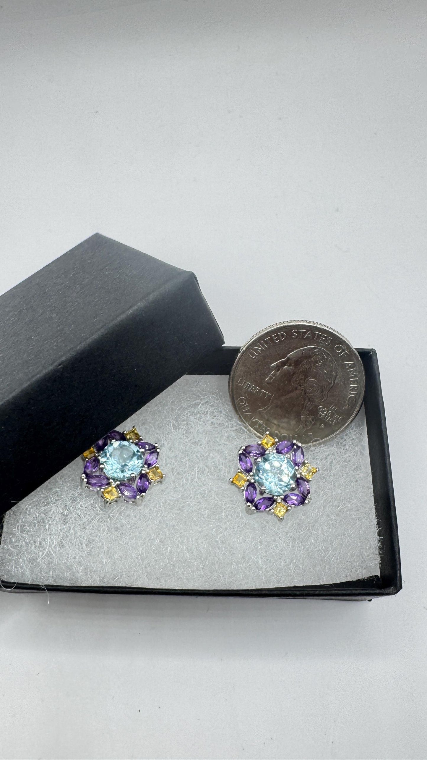 Vintage blue topaz amethyst citrine 925 Sterling Silver Post Earrings
