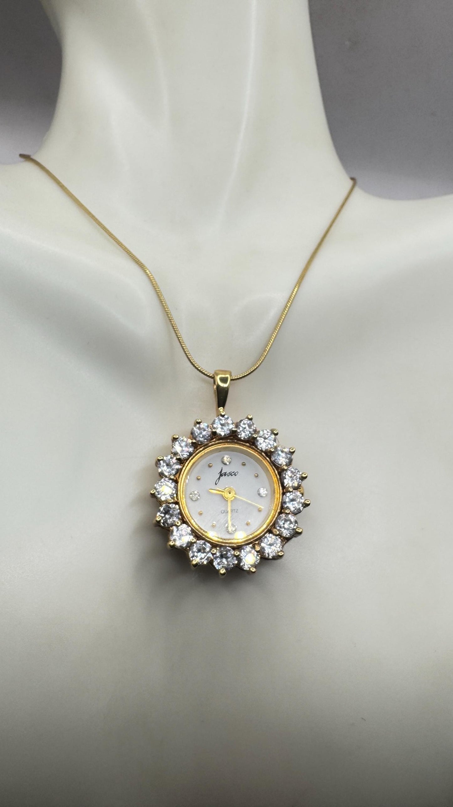 Vintage Watch Necklace Golden 925 Sterling Silver Clear CZ