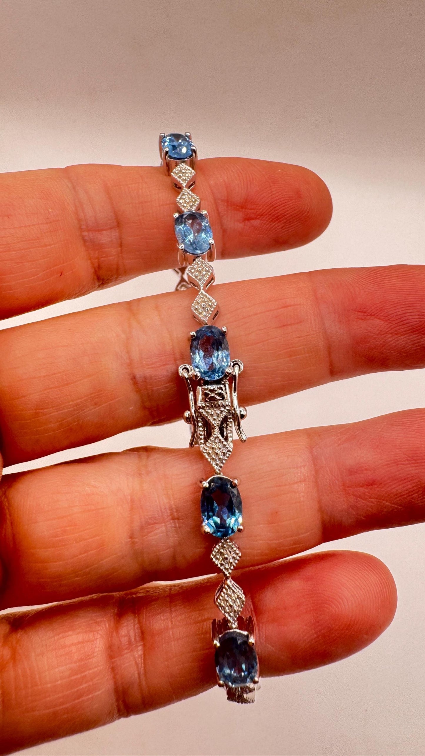 Vintage Blue Topaz Diamond 925 Sterling Silver Tennis Bracelet