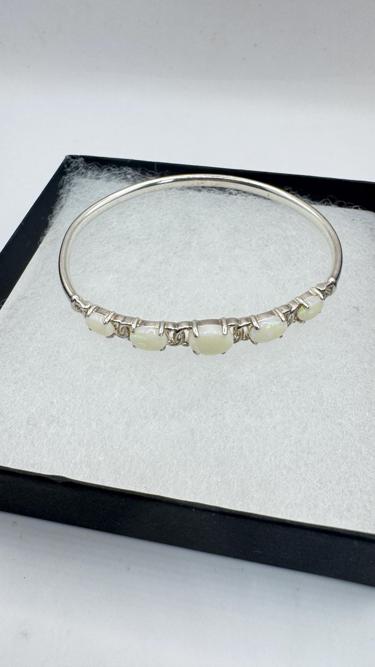 Vintage White Fire Opal Bangle Cuff Bracelet 925 Sterling Silver