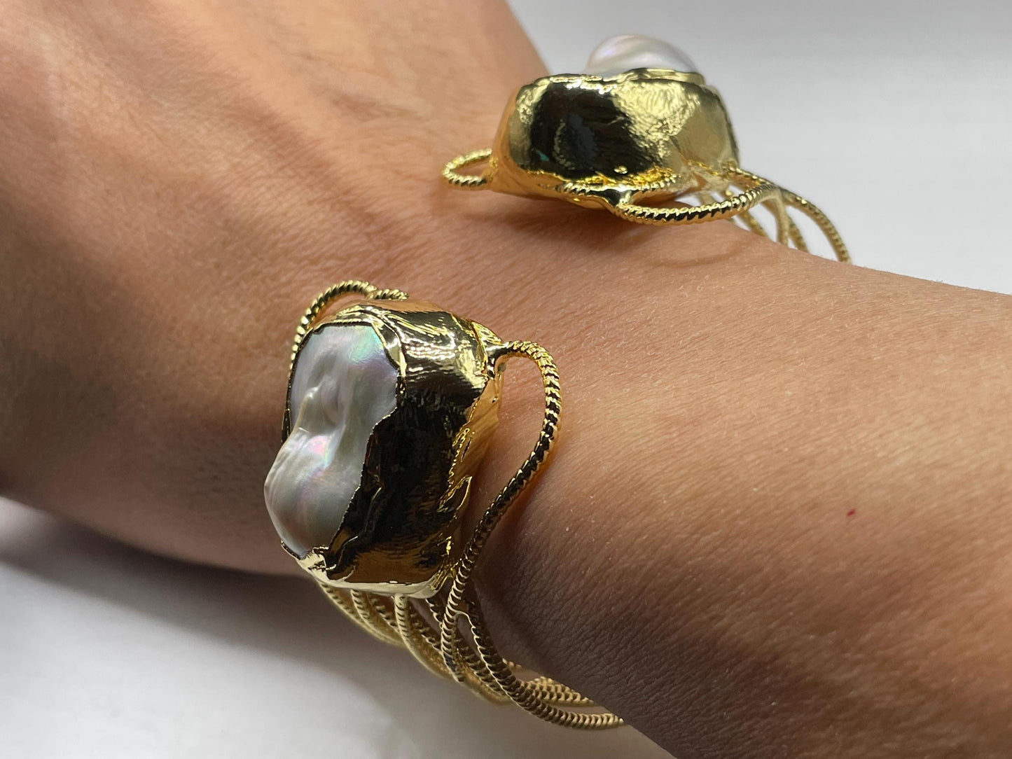 Vintage Pearl Cuff Bangle Bracelet Gold 925 Sterling Silver