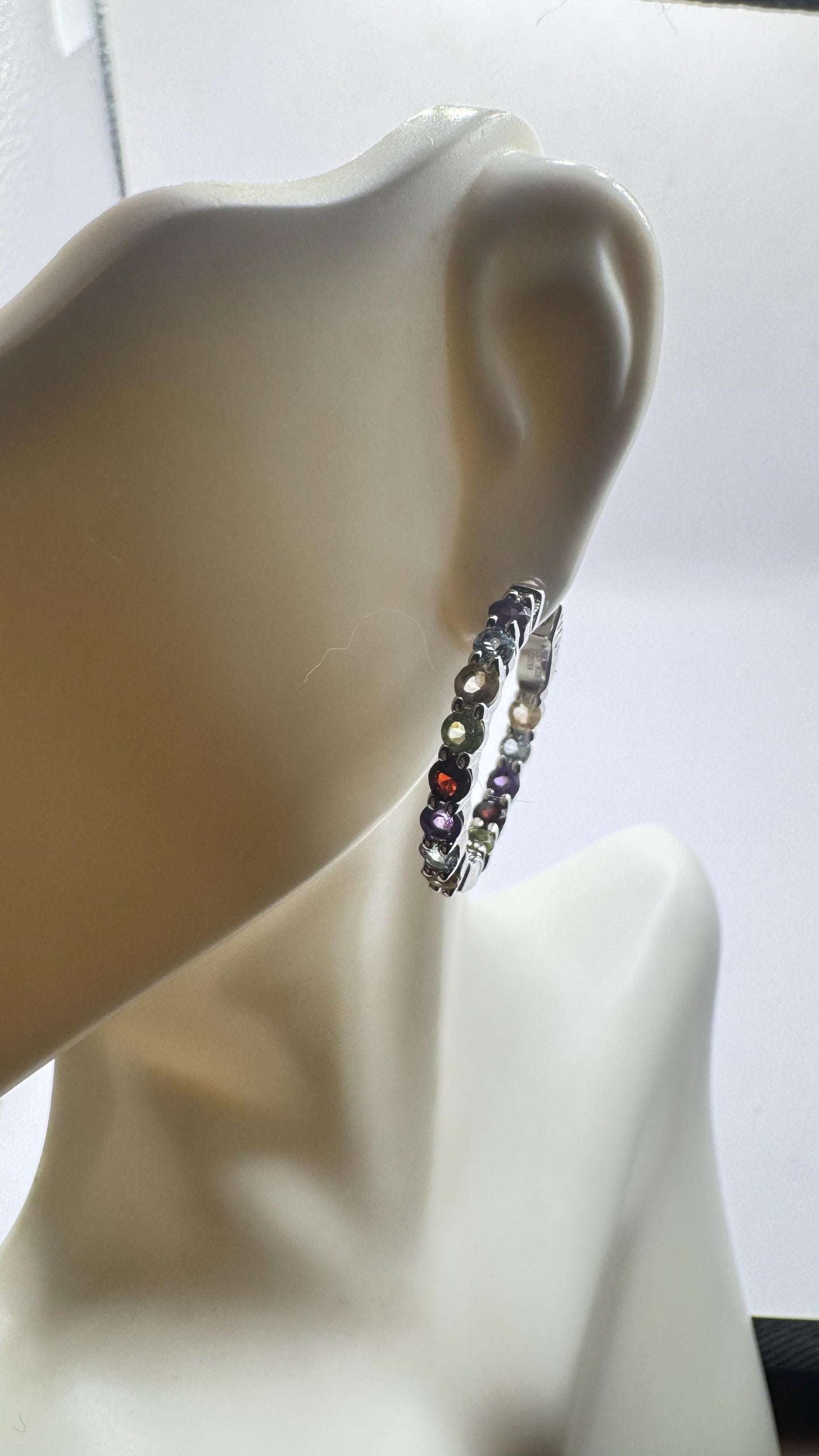 Vintage Gemstone Hoop Earrings 925 Sterling Silver