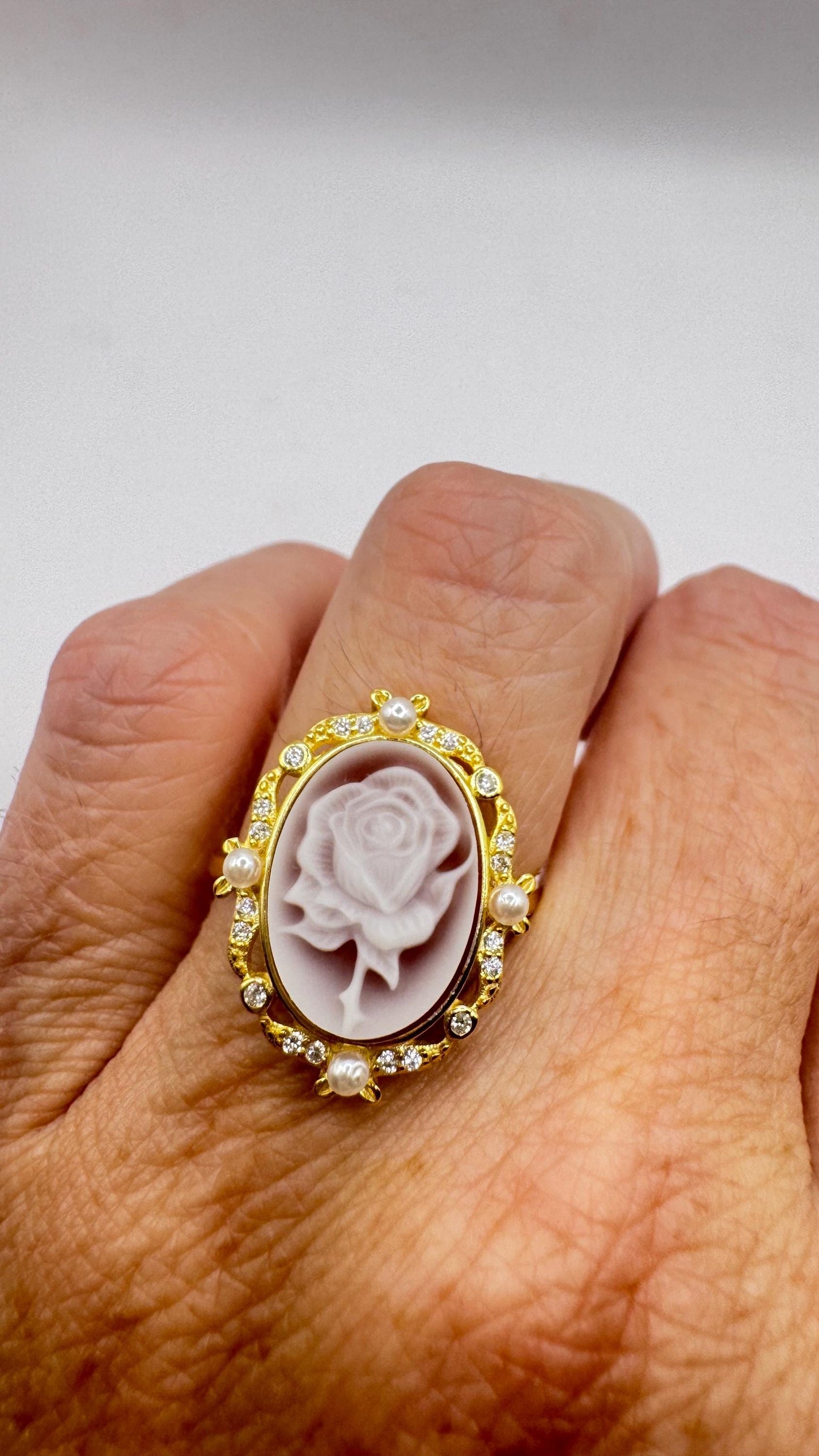 Vintage Rose Cameo 925 Sterling Silver Cocktail Ring