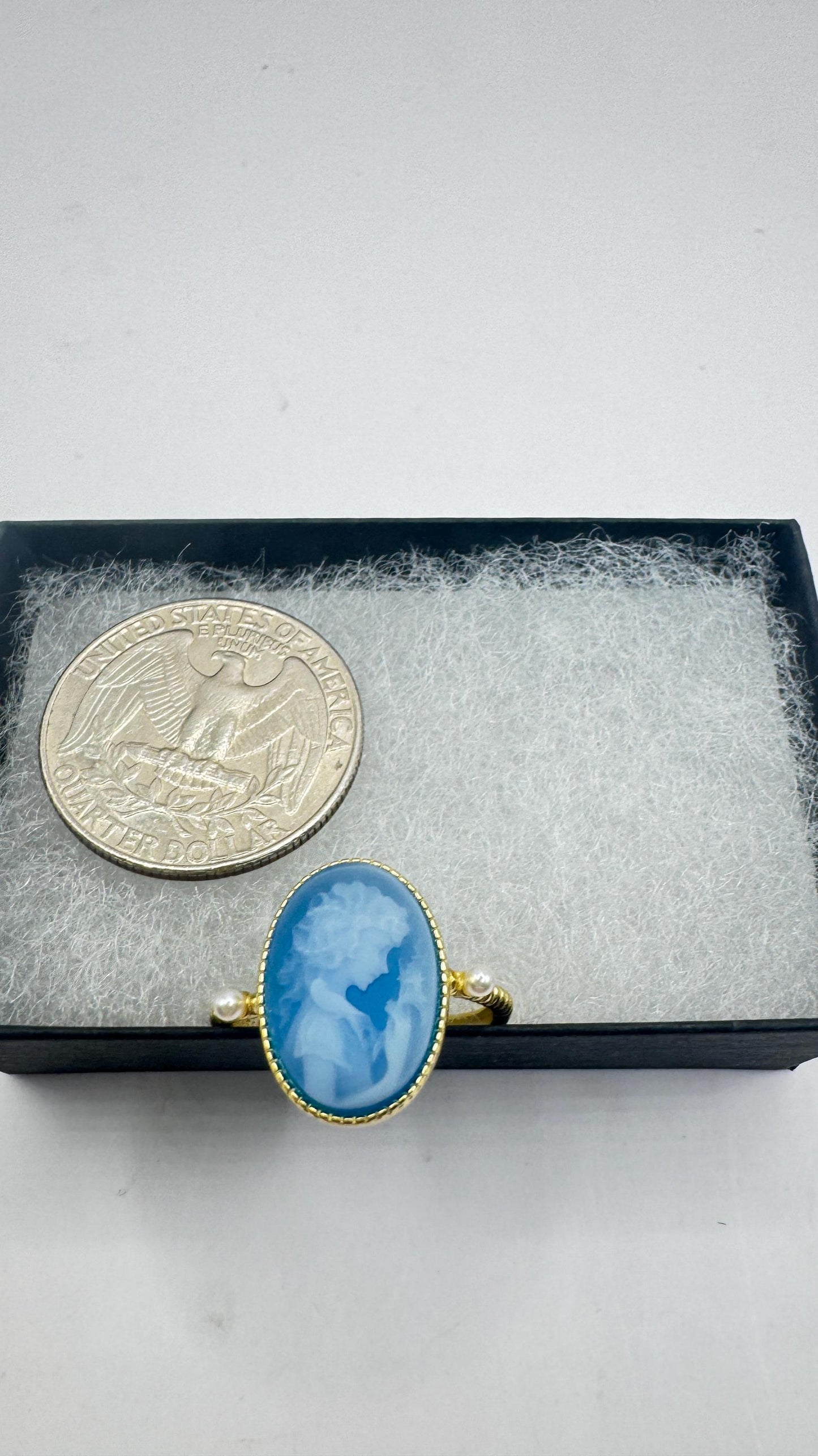 Vintage Blue Onyx Rose Cameo Gold 925 Sterling Silver Cocktail Ring