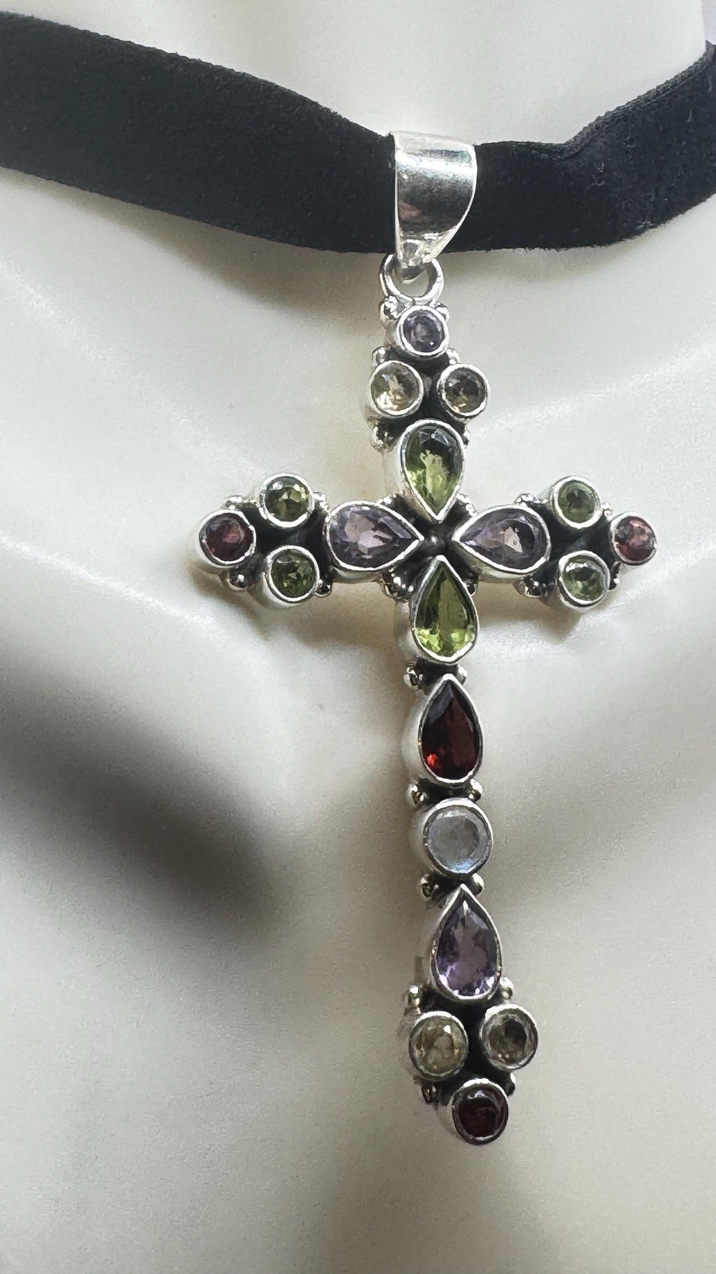 Vintage mixed gemstone cross 925 Sterling Silver Necklace Black Velvet Choker