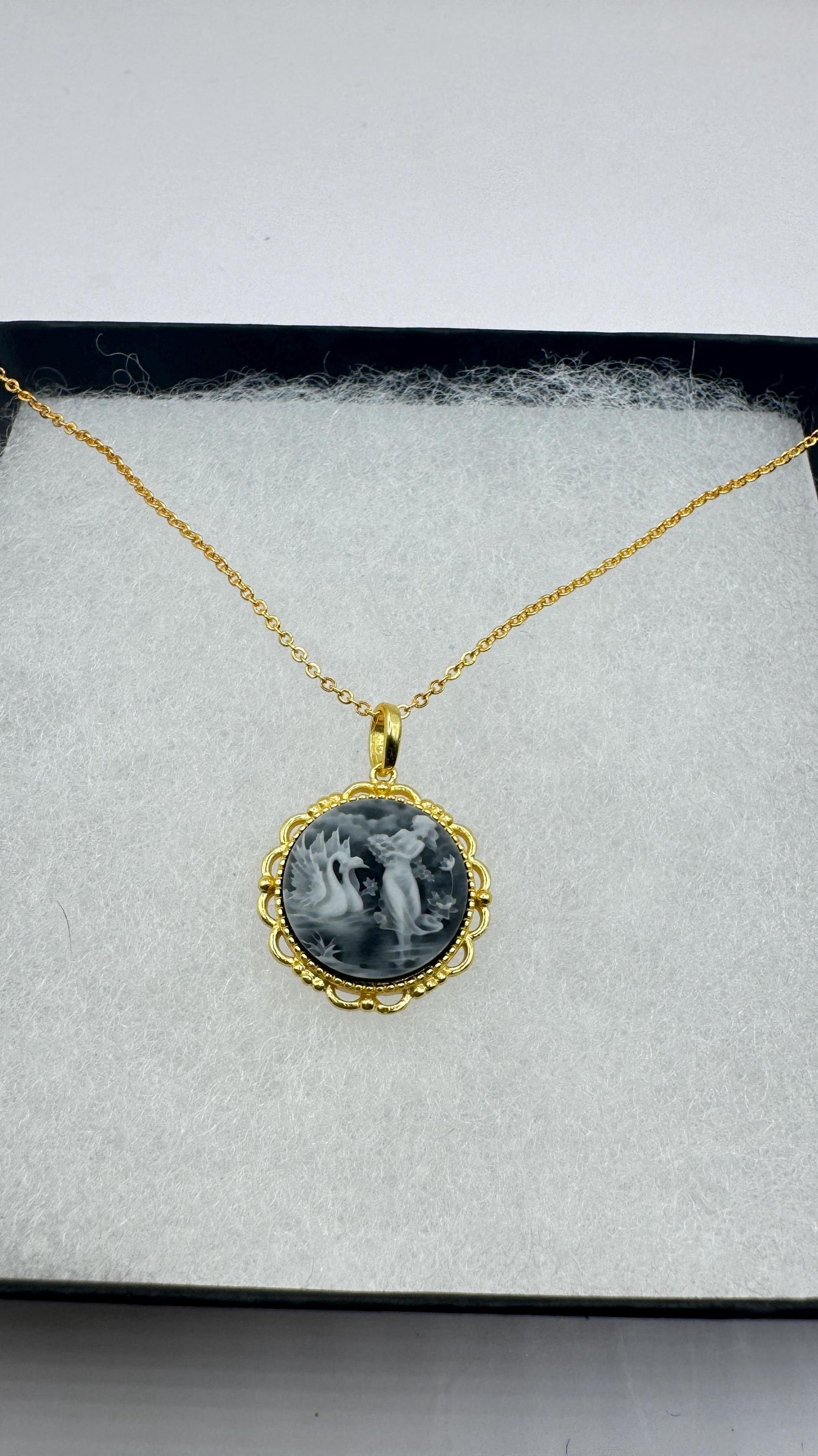 Vintage Leda and Swans Cameo Gold 925 Sterling Silver Necklace Choker