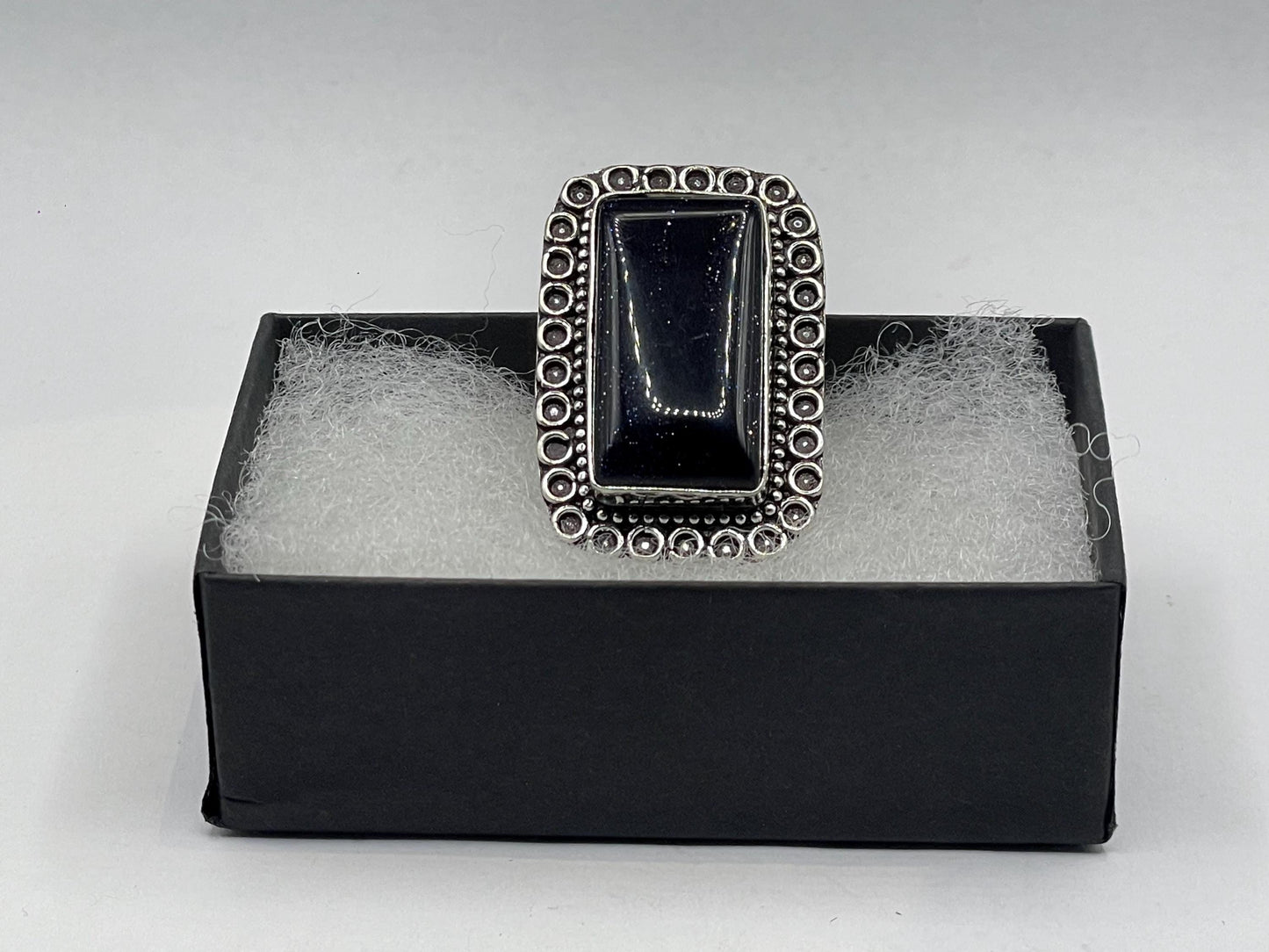 Vintage Black Goldstone Silver Bronze Ring