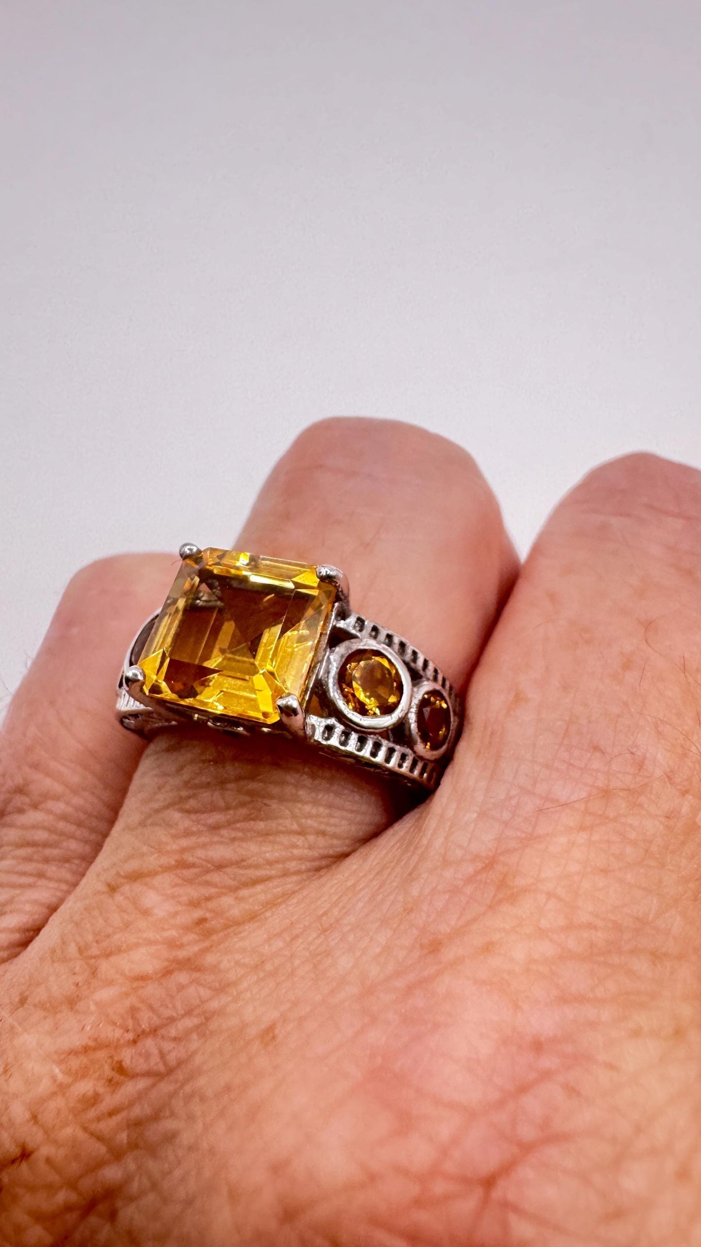 Vintage Gothic Golden Citrine Flower 925 Sterling Silver Ring