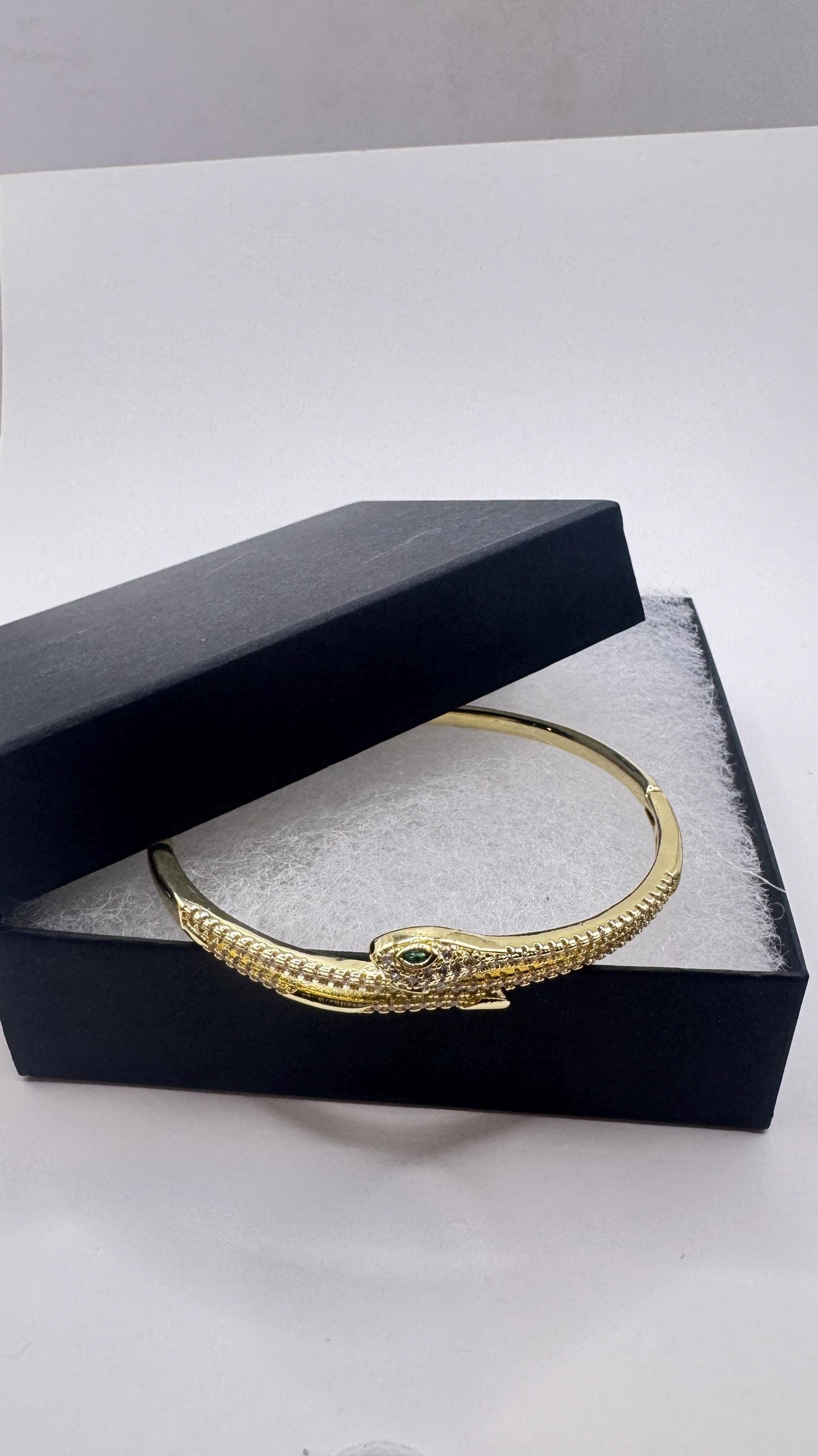 Vintage Snake Bangle Bracelet Gold filled Green Crystal Eyes