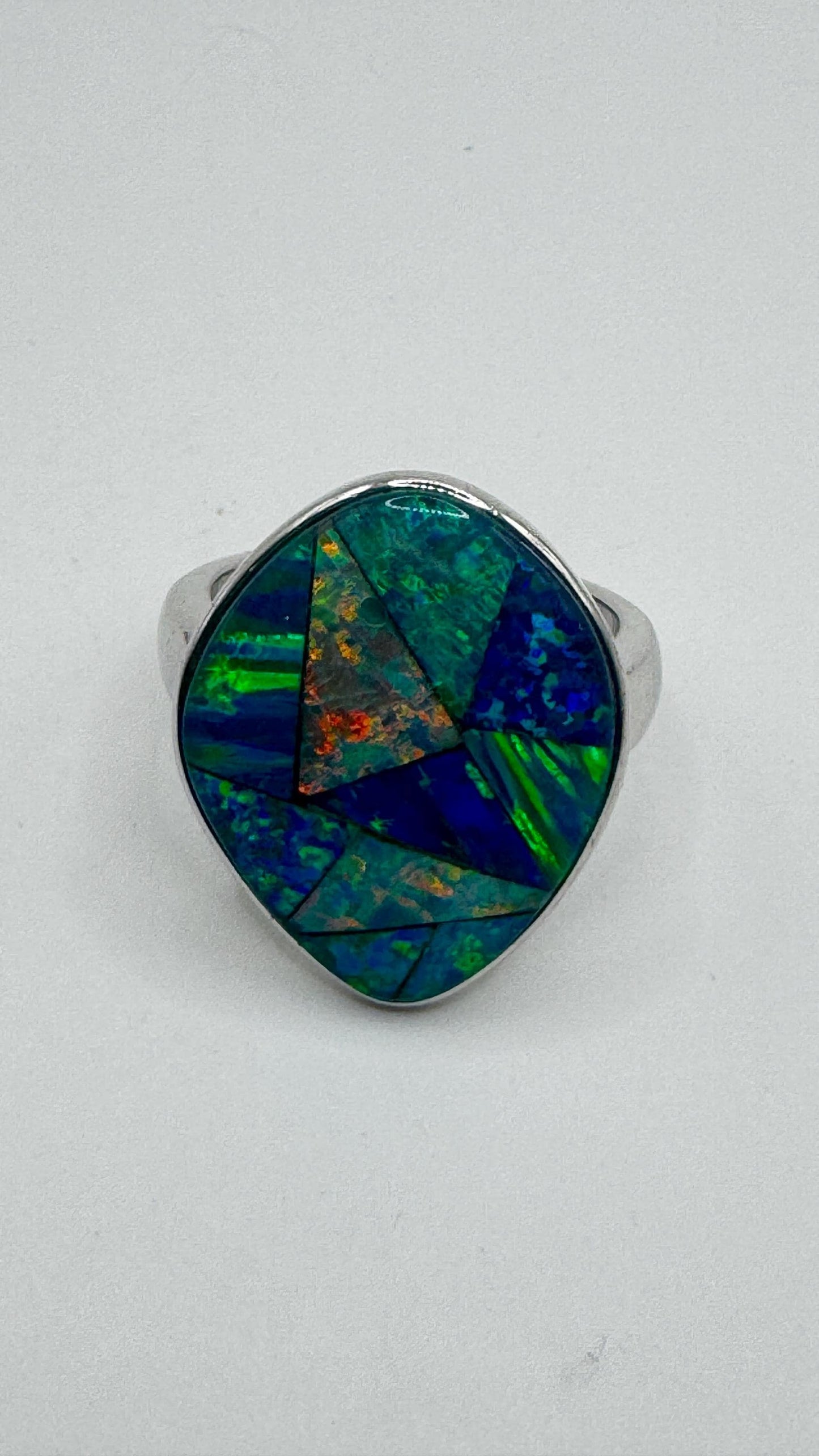 Vintage Blue Fire Opal Mosaic 925 Sterling Silver Inlay Ring Size 10