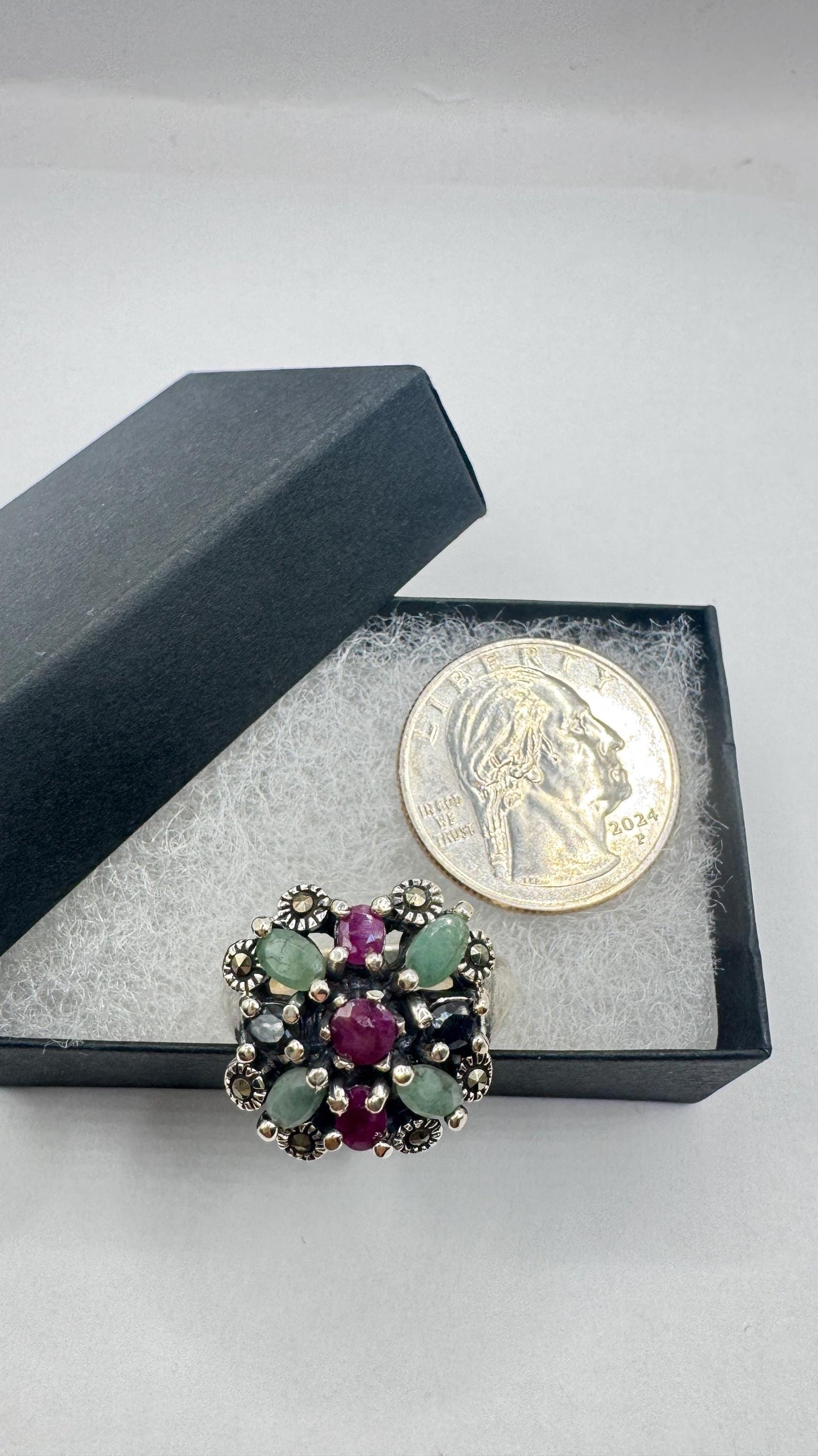 Vintage Green Emerald Ruby Sapphire Marcasite 925 Sterling Silver Cocktail Ring