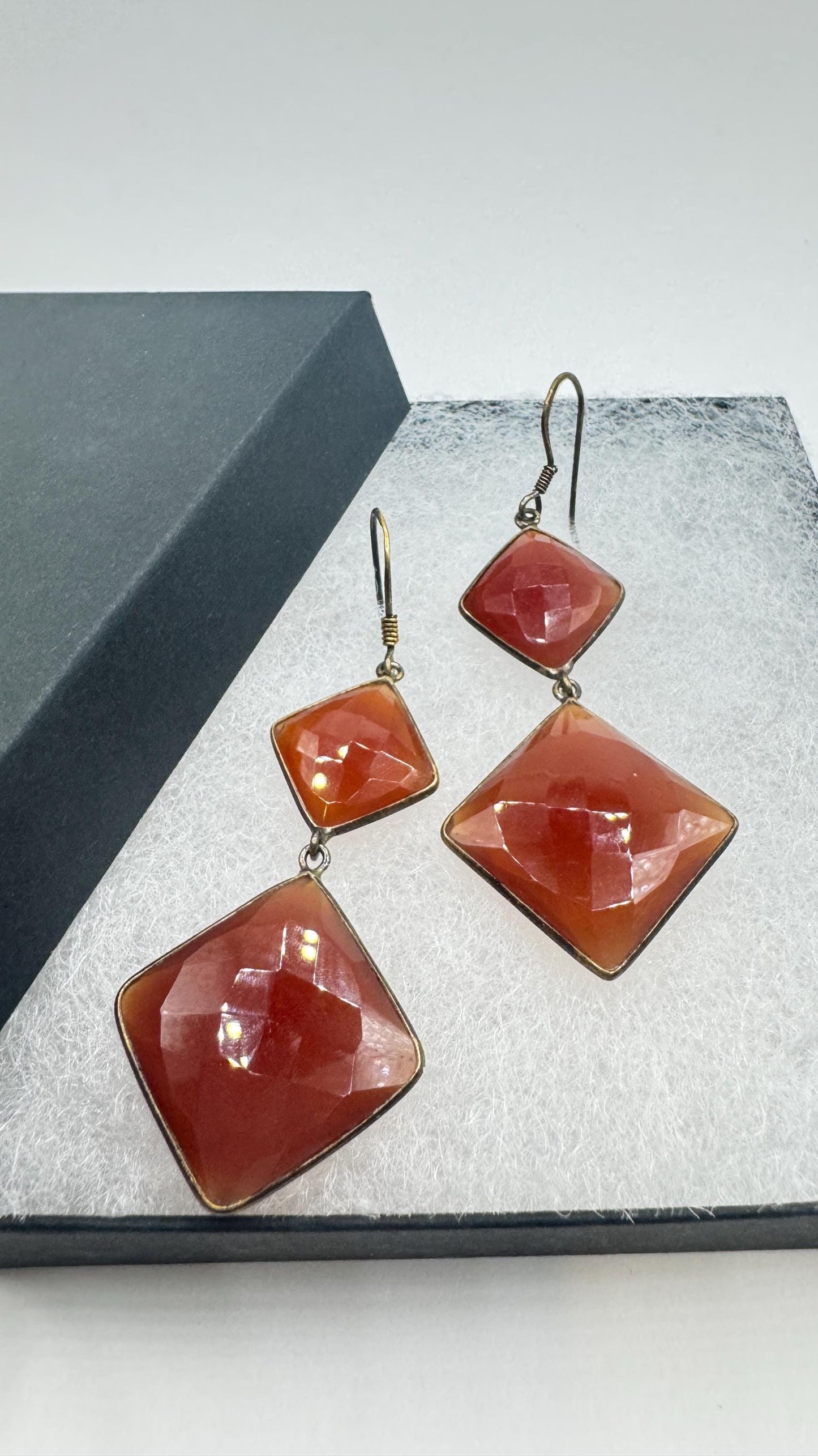 Vintage Red Carnelian 925 Sterling lever backs Silver Dangle Chandelier Earrings
