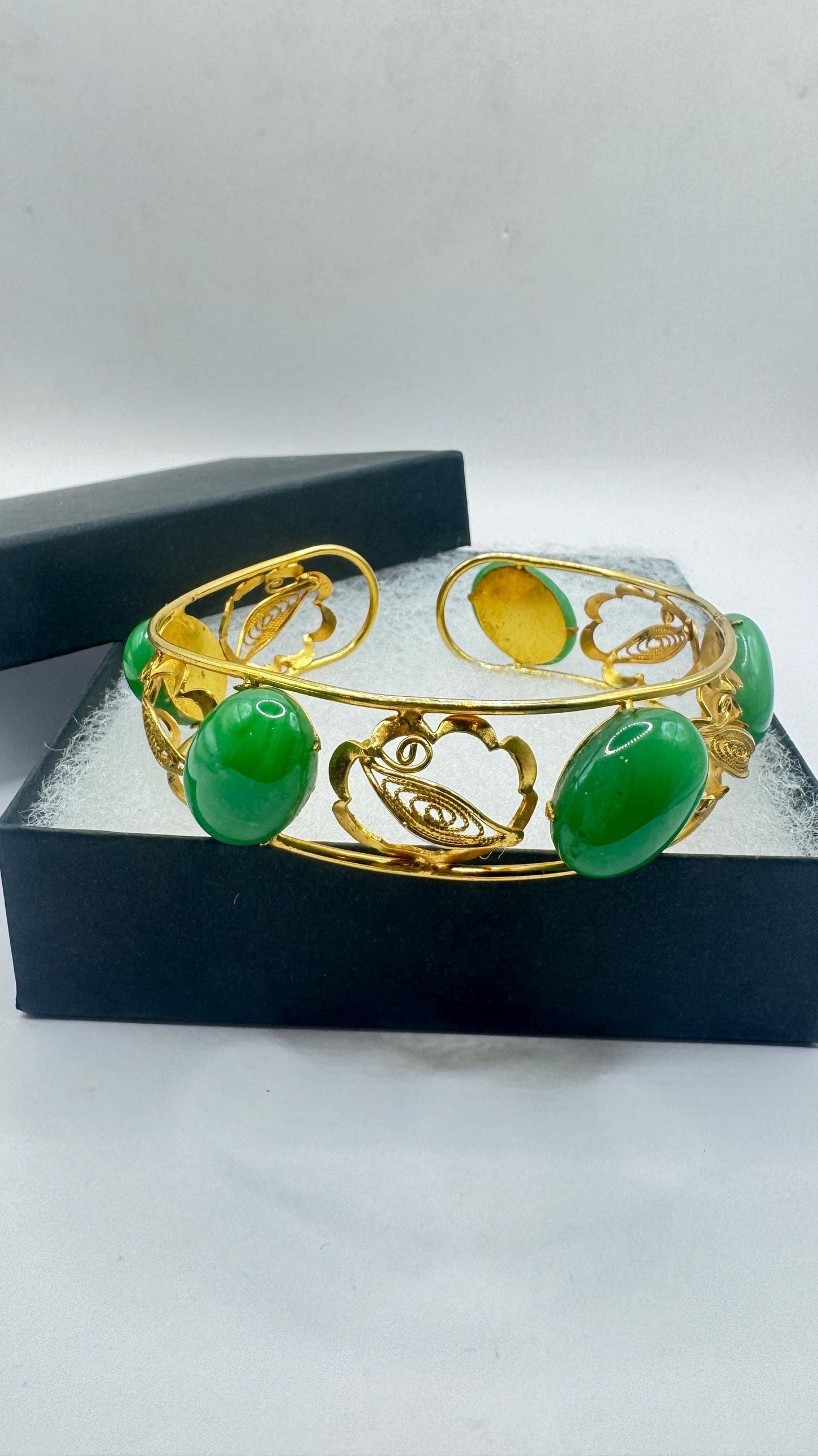 Vintage Green Jade Bangle Bracelet Gold filled Cuff