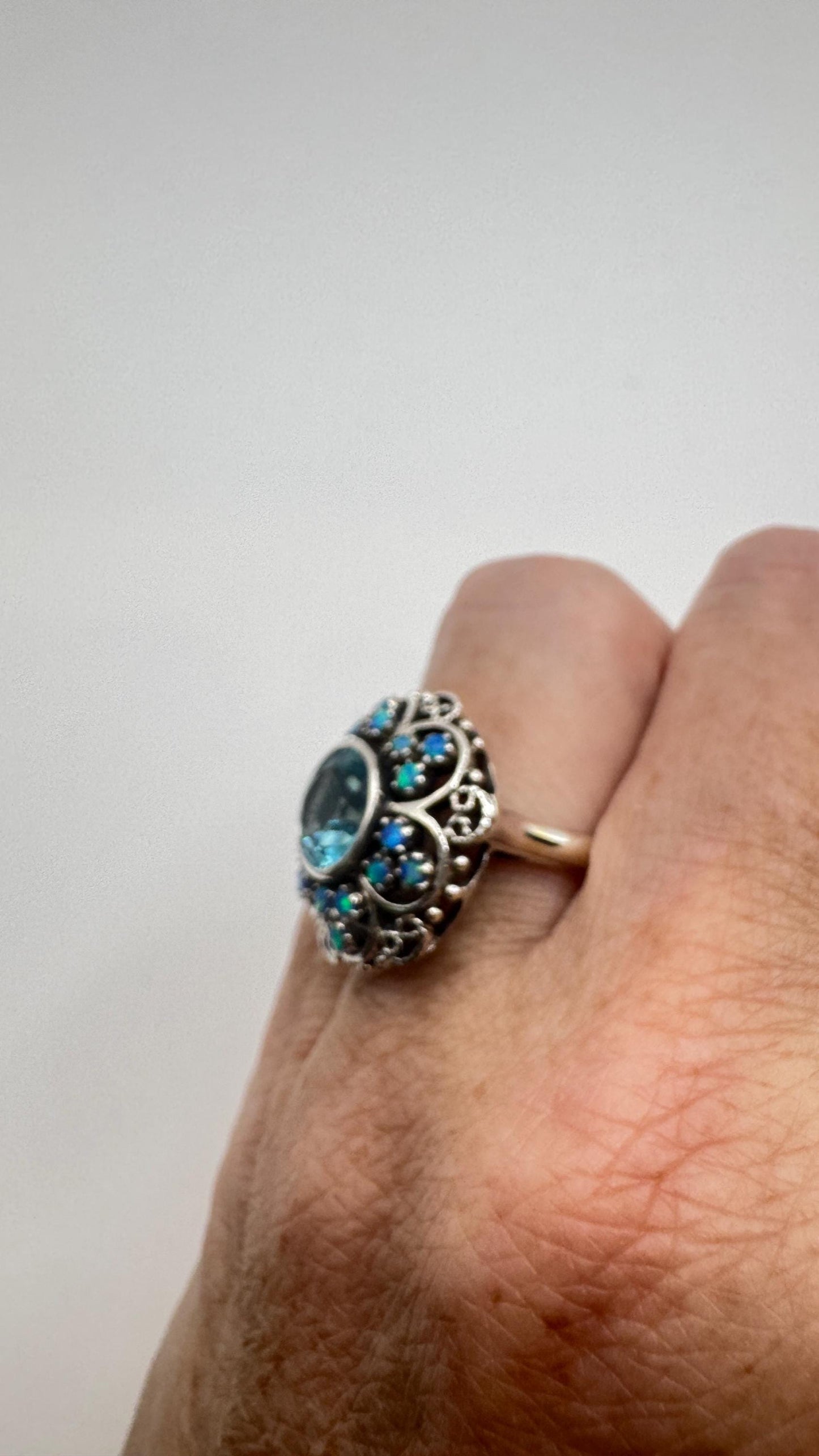 Vintage Fire Opal Blue Topaz 925 Sterling Silver Ring