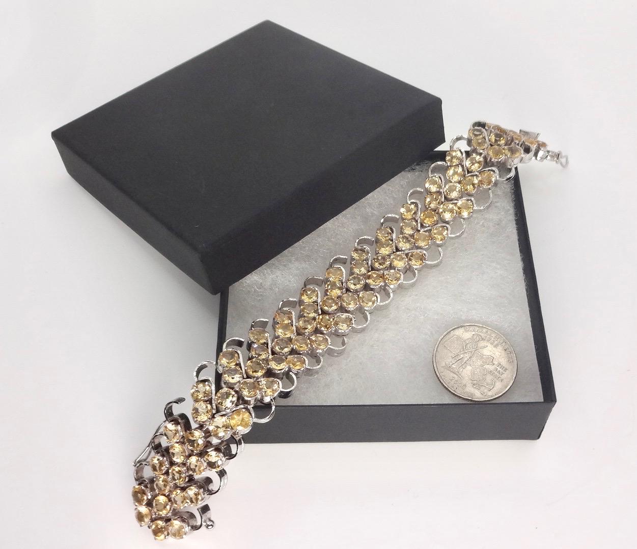 Vintage Gold Citrine Statement Bracelet Deco 925 Sterling Silver Chunky Tennis