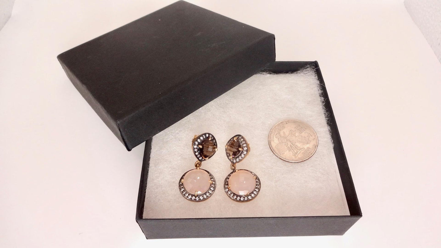 Vintage Rose Quartz Smoky Topaz Sterling Silver Dangle Earrings