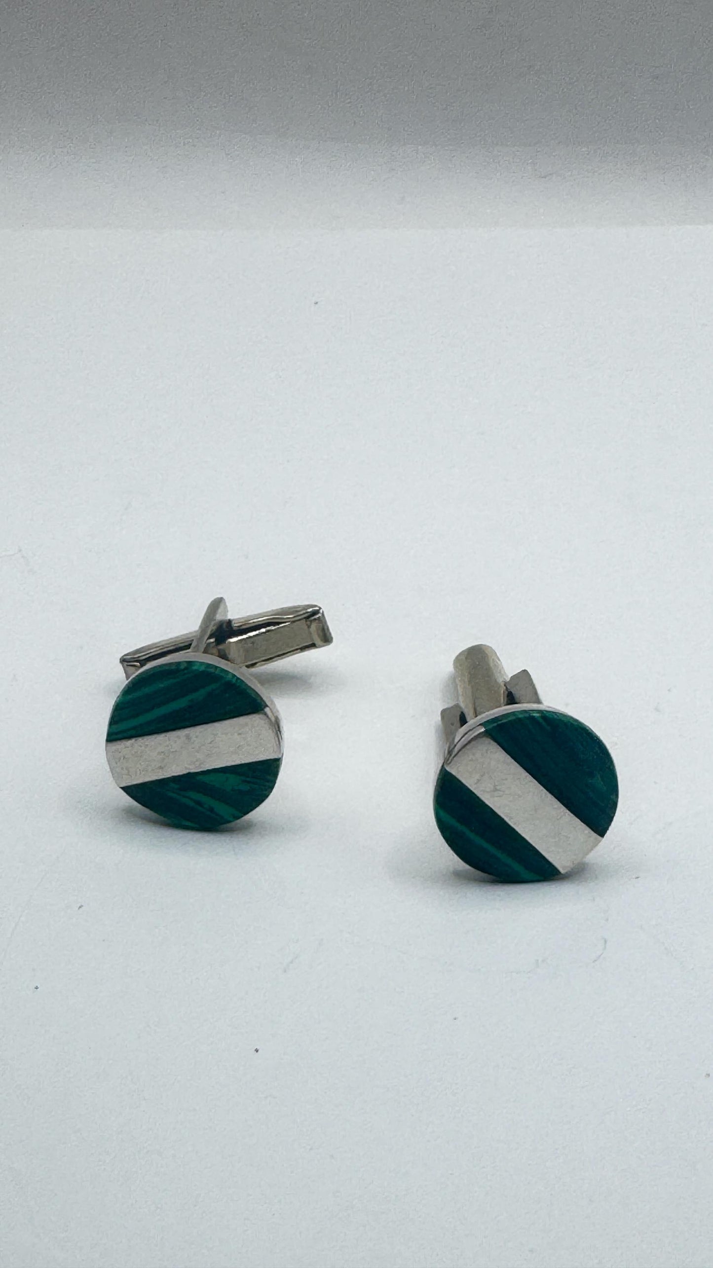 Vintage Green Malachite Cuff Links 925 Sterling Silver