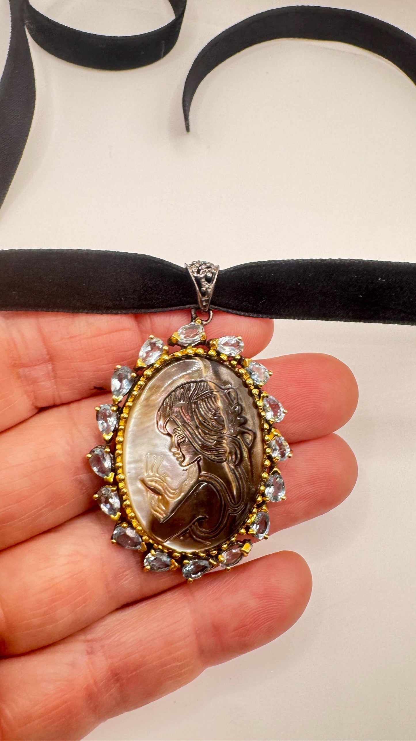 Vintage abalone Cameo Necklace 925 Sterling Silver