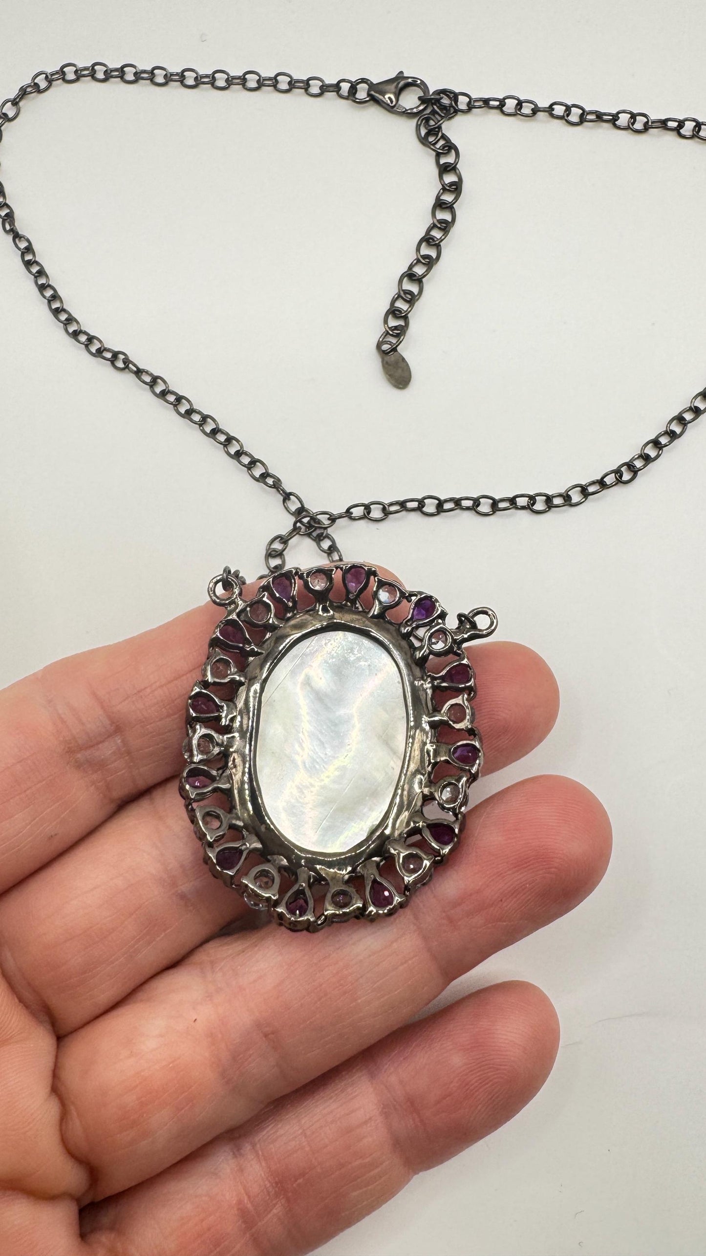 Vintage abalone Cameo Necklace 925 Sterling Silver