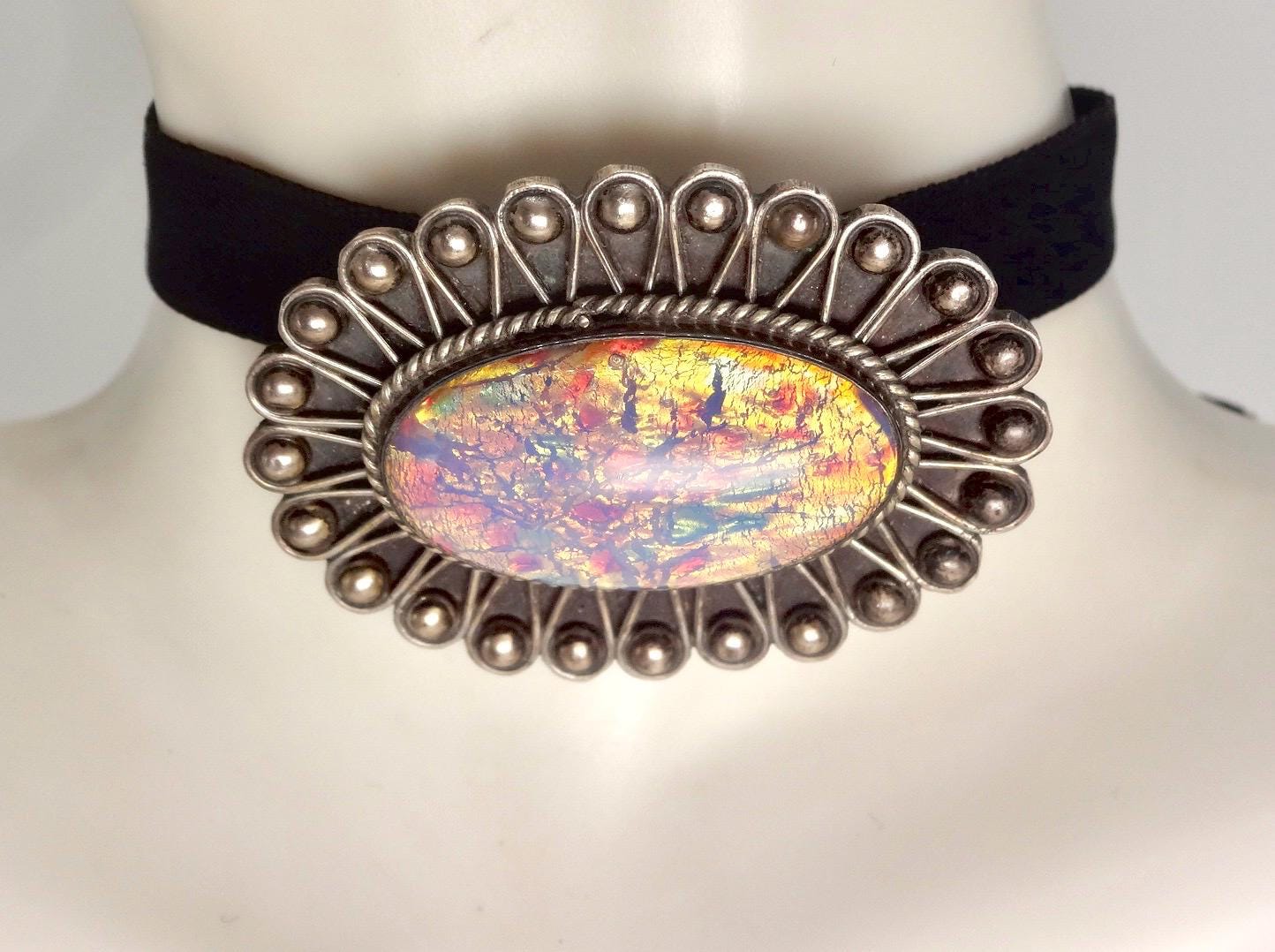 Vintage 925 Sterling Silver Opal Glass Brooch Pin