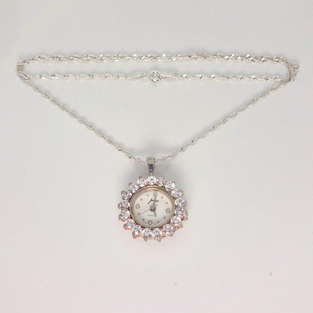 Vintage Watch Necklace 925 Sterling Silver Clear CZ
