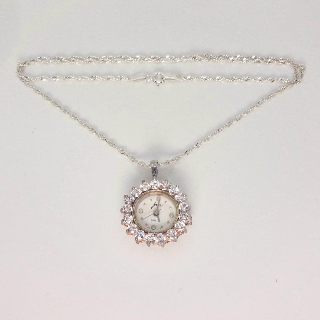 Vintage Watch Necklace 925 Sterling Silver Clear CZ