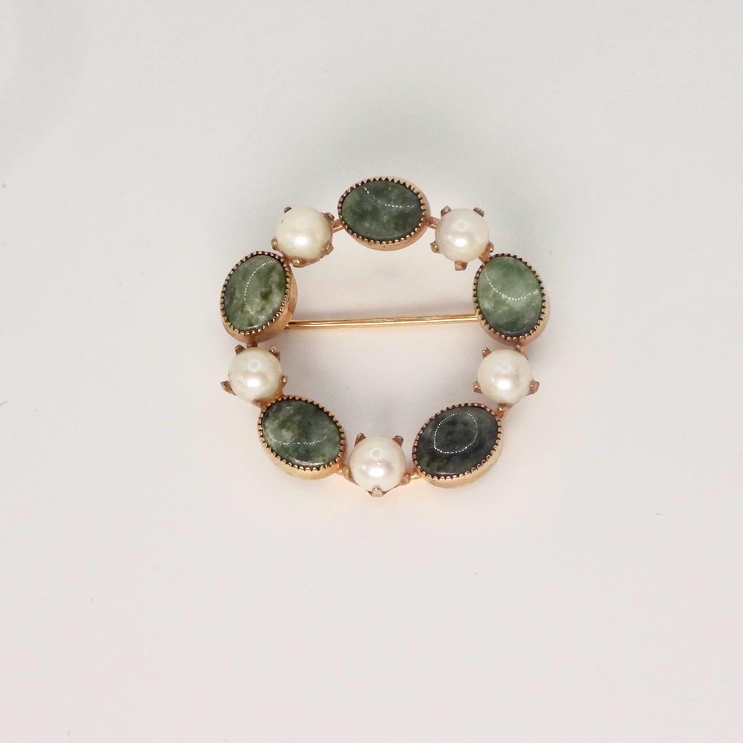 Vintage Green Jade Yellow Gold Filled Brooch Pin