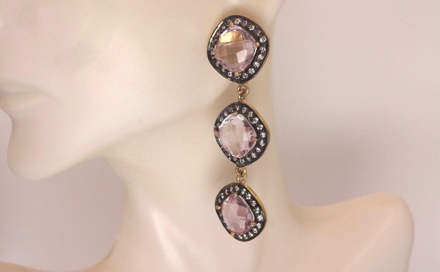 Vintage Rose Quartz Sterling Silver Dangle Earrings