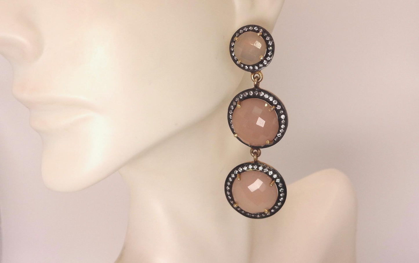 Vintage Rose Quartz Sterling Silver Dangle Earrings