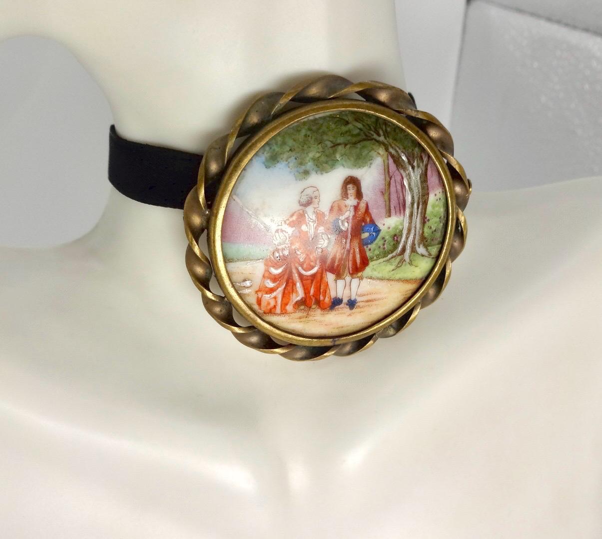 Vintage Genuine French Limoges Hand Painted Porcelian Cameo Bronze Necklace Choker pin