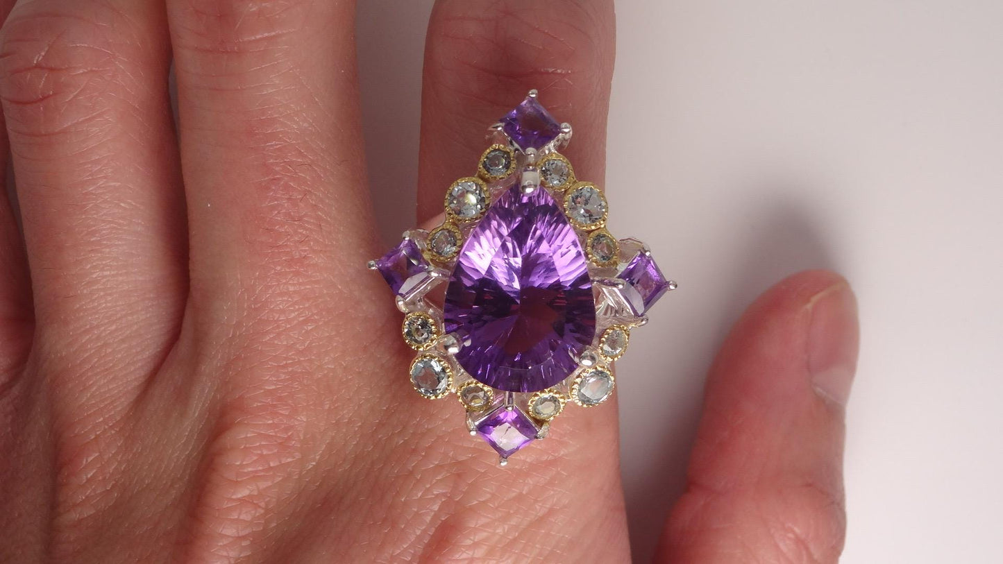 Vintage Purple Amethyst Aquamarine 925 Sterling Silver Huge Chunky Statement Ring