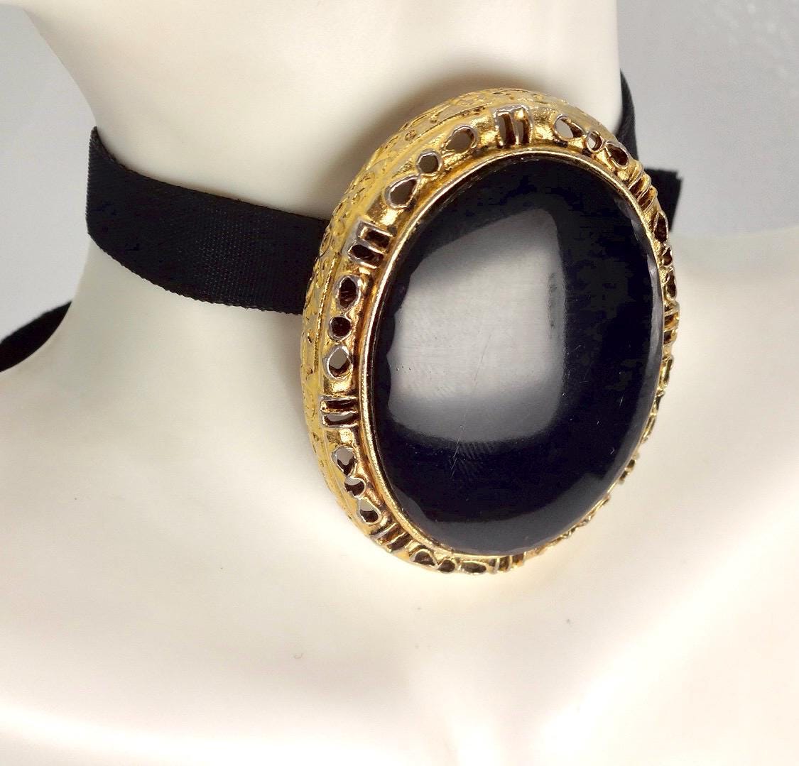 Vintage Black Onyx Pin Gold Filled Brooch