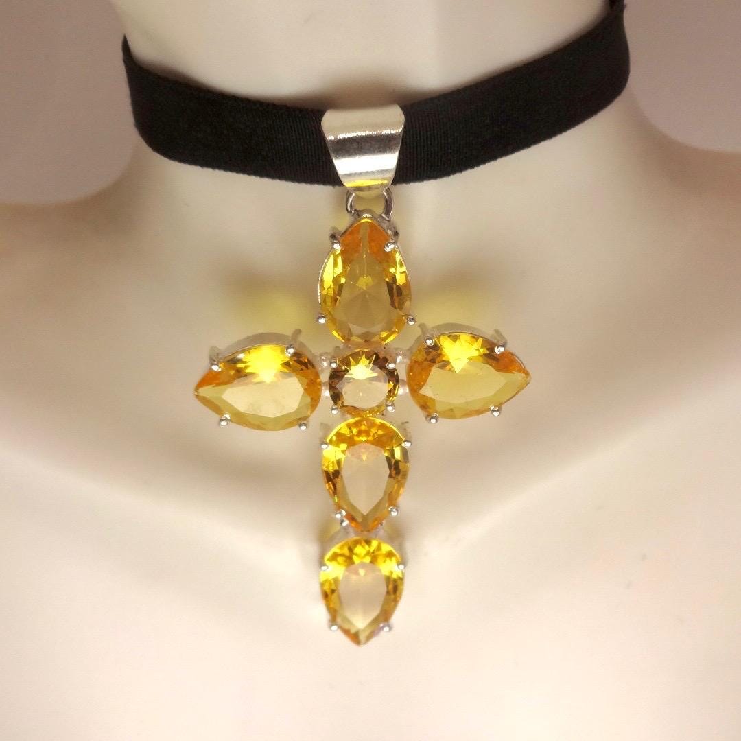 Vintage Silver Golden Citrine Cross Choker Black Velvet Necklace.