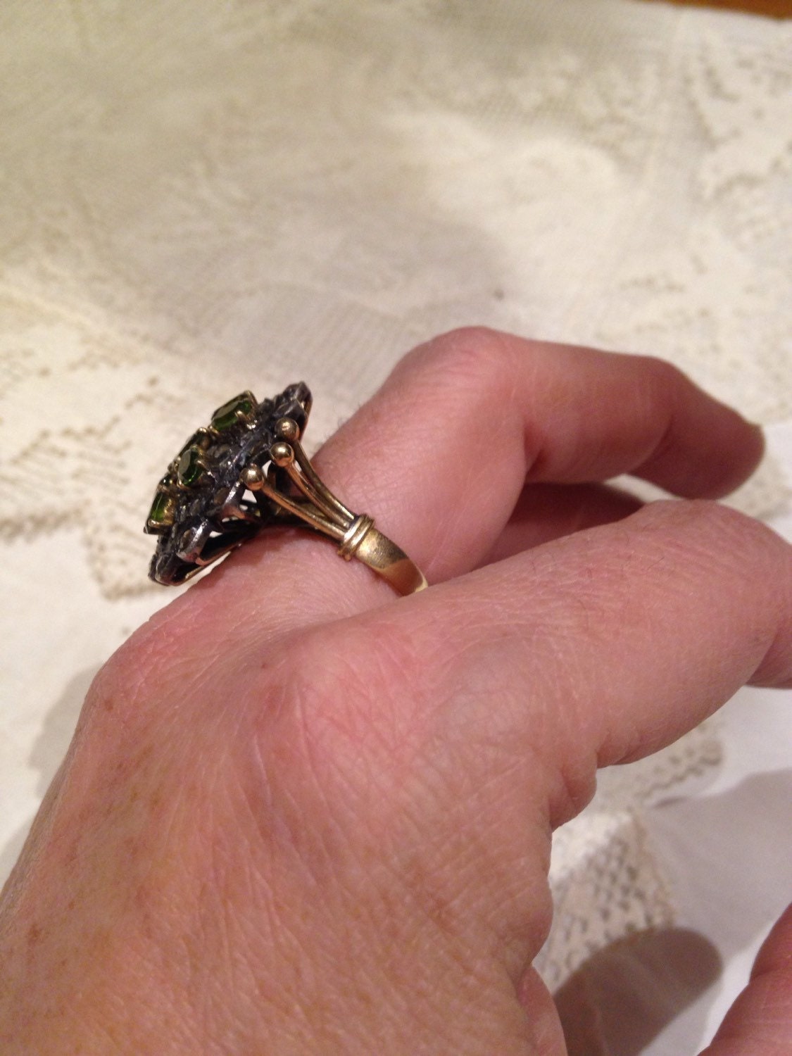 Antique Peridot Old Mine Cut Diamond Gothic 14k Yellow Gold Ring