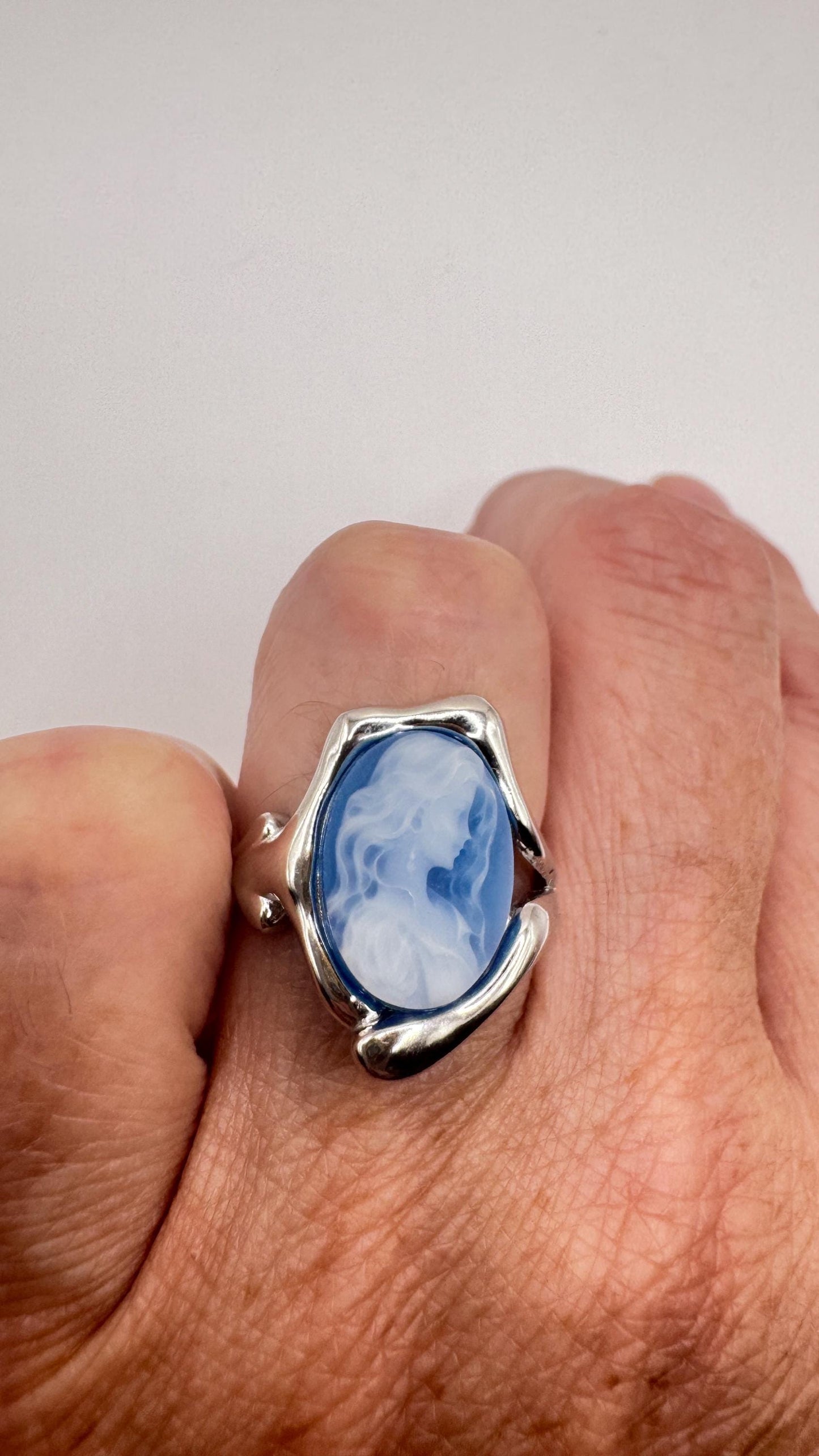 Vintage Blue Onyx Cameo 925 Sterling Silver Cocktail Ring