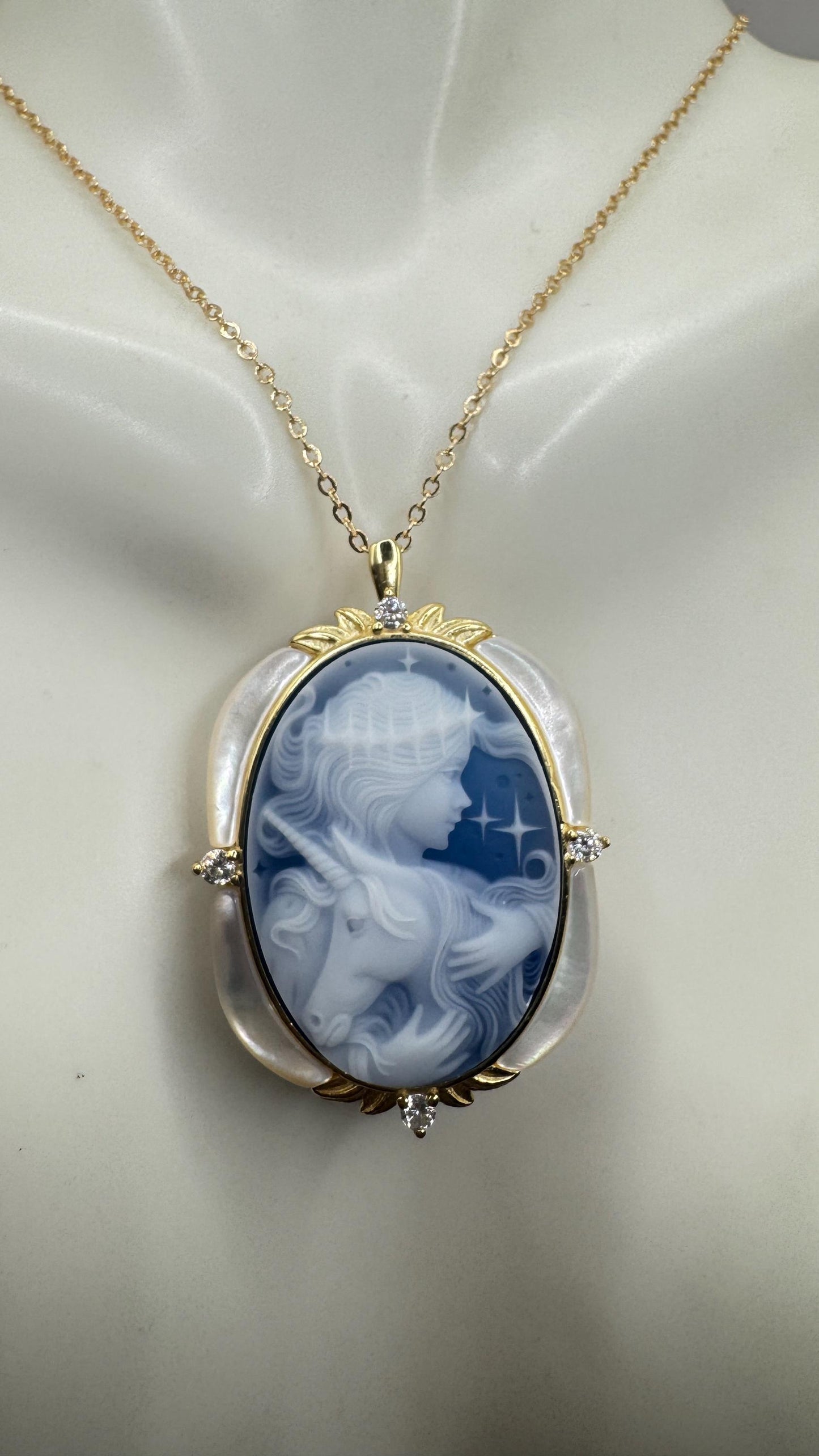 Vintage Princess with Unicorn Genuine Blue Onyx Cameo Golden Sterling Silver Necklace Choker Pin Brooch